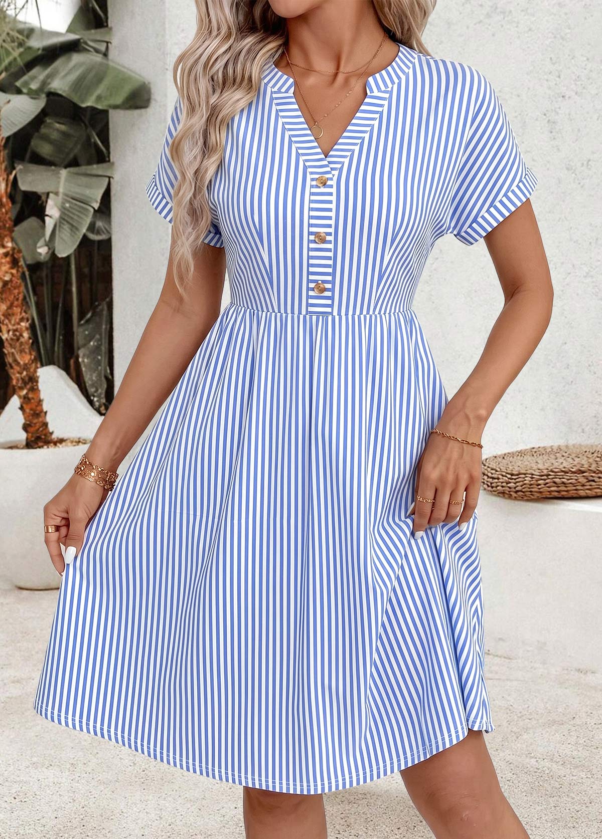Light Blue Striped Double Side Pockets Short Sleeve Dress | picture 