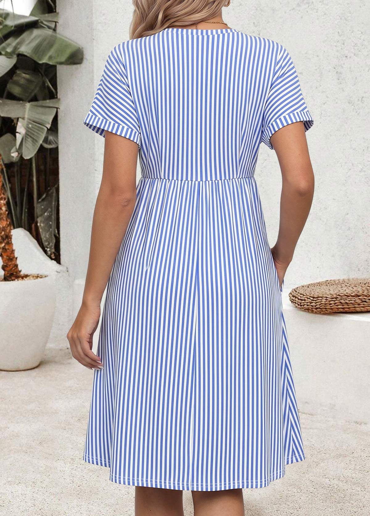 Light Blue Striped Double Side Pockets Short Sleeve Dress | picture 