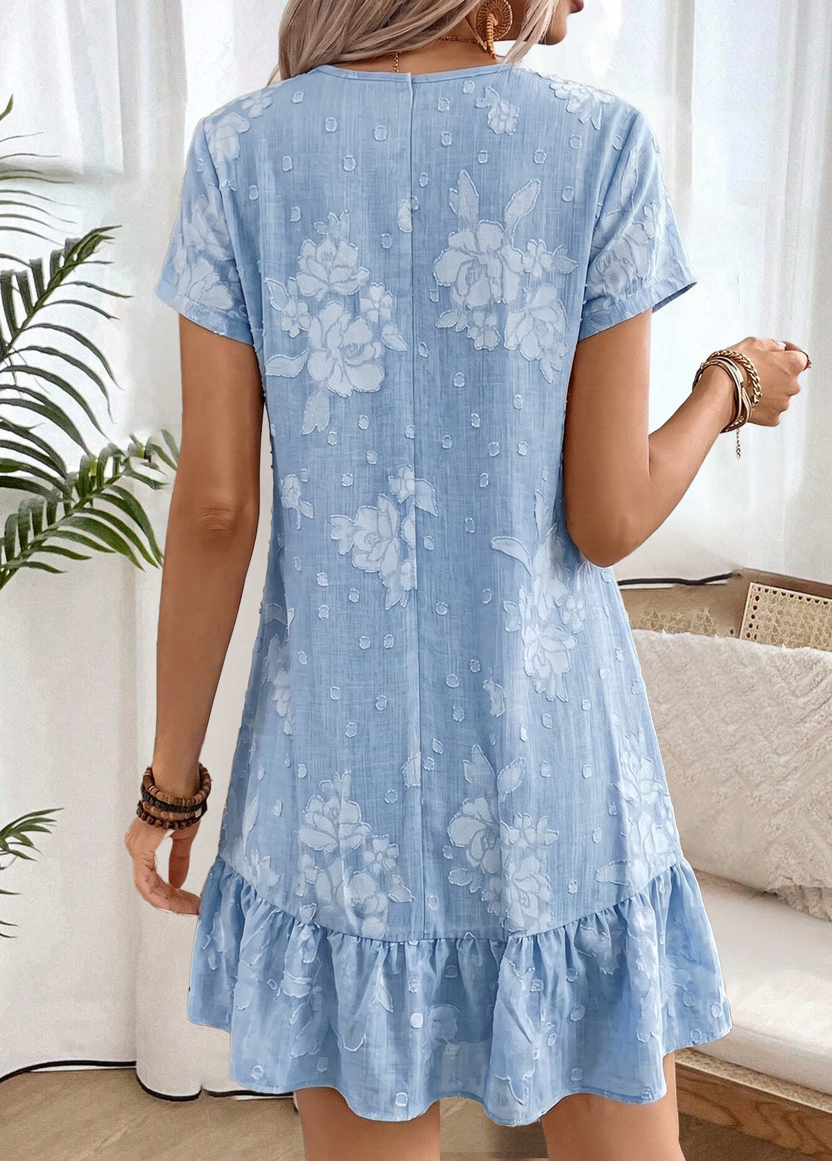 Light Blue Floral Print Short Tummy Coverage Dress | picture 