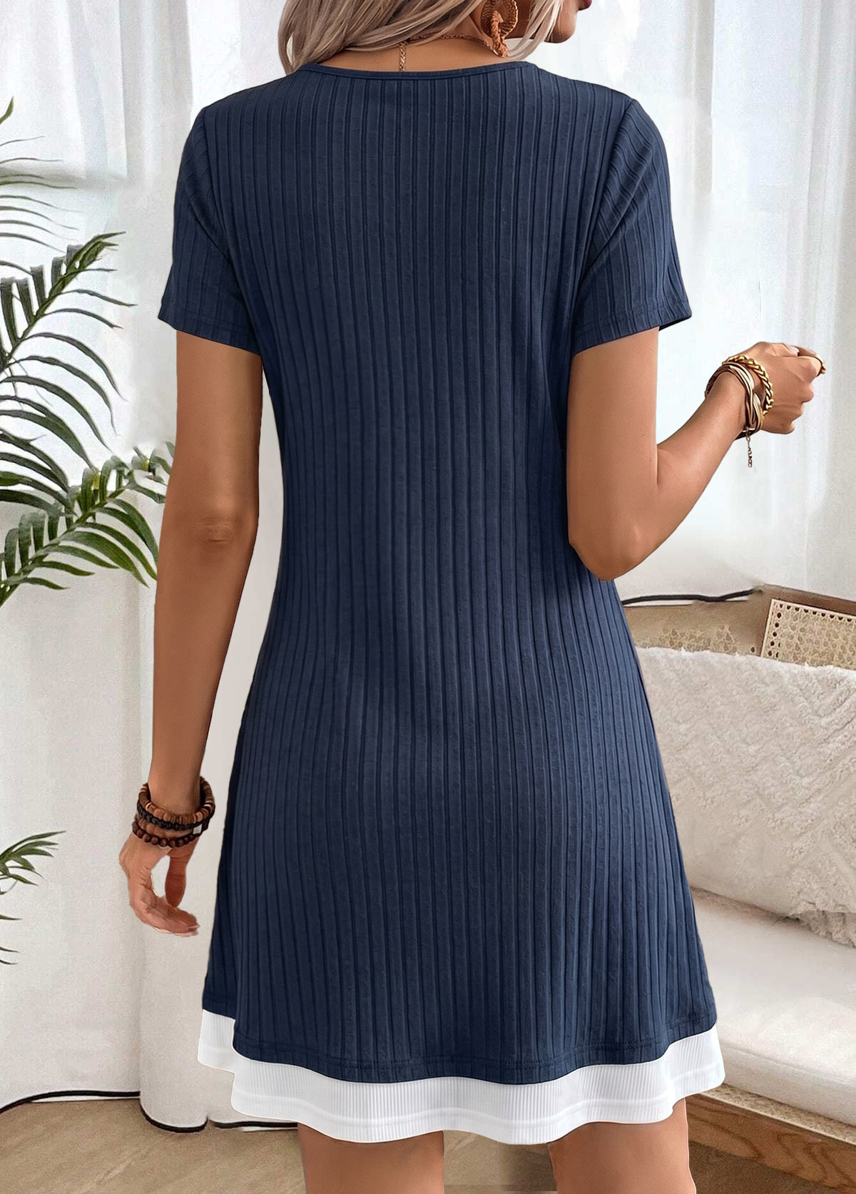 Navy Short Patchwork Round Neck Dress | picture 