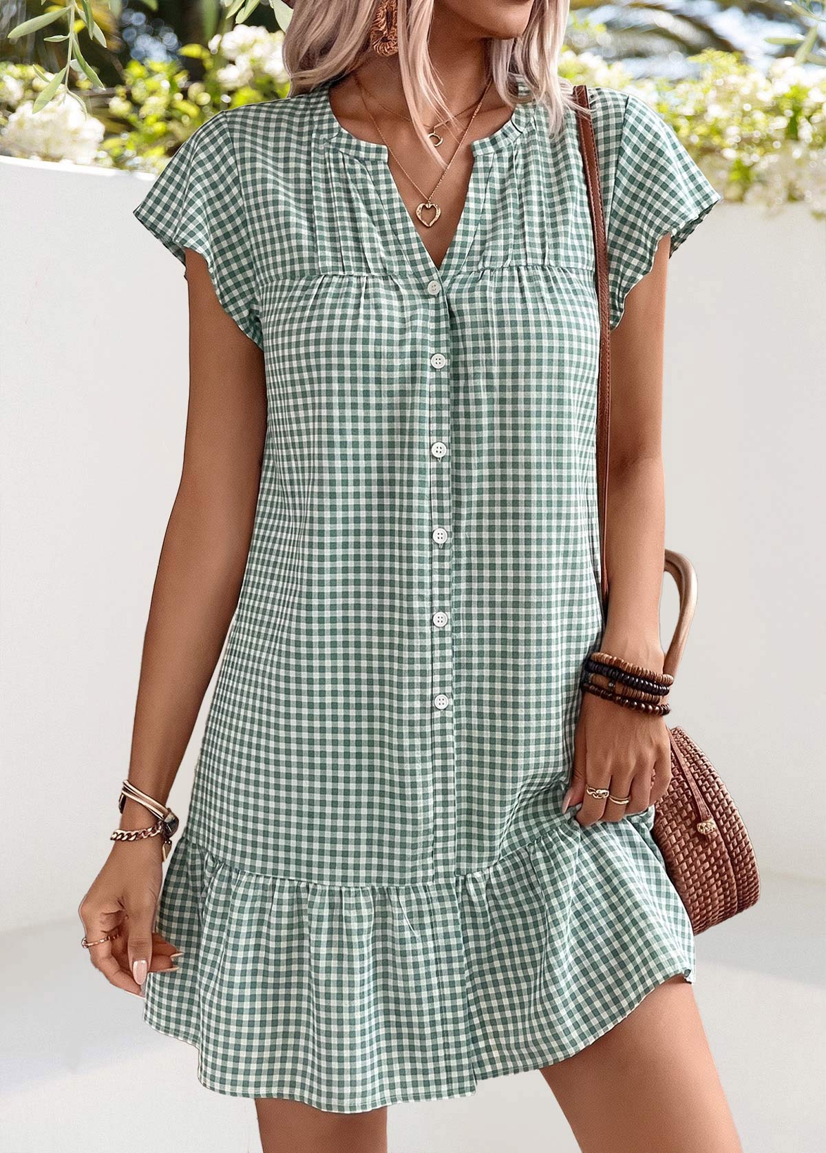 Sage Green Plaid Short Shirred Split Neck Dress | picture 