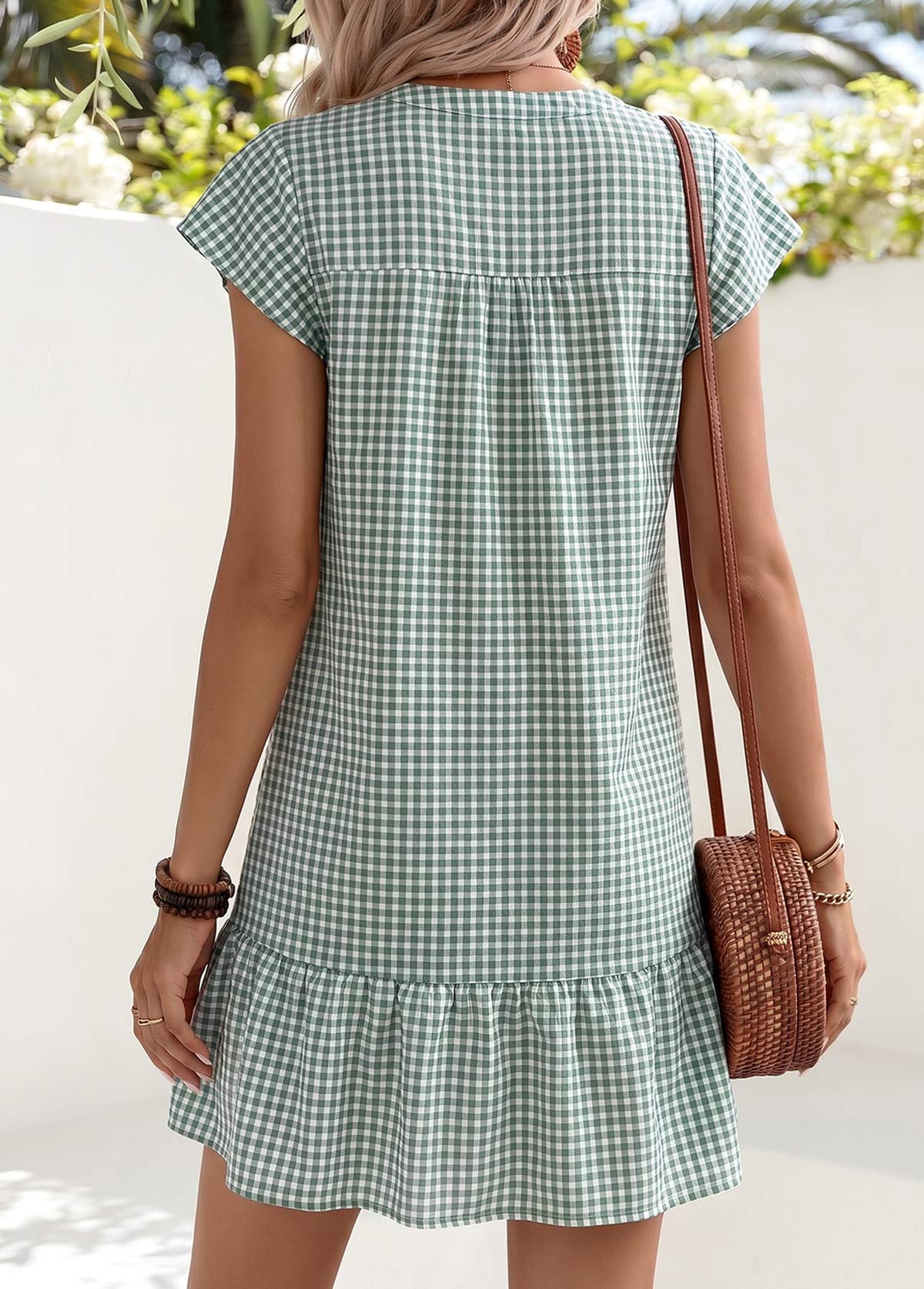 Sage Green Plaid Short Shirred Split Neck Dress | picture 