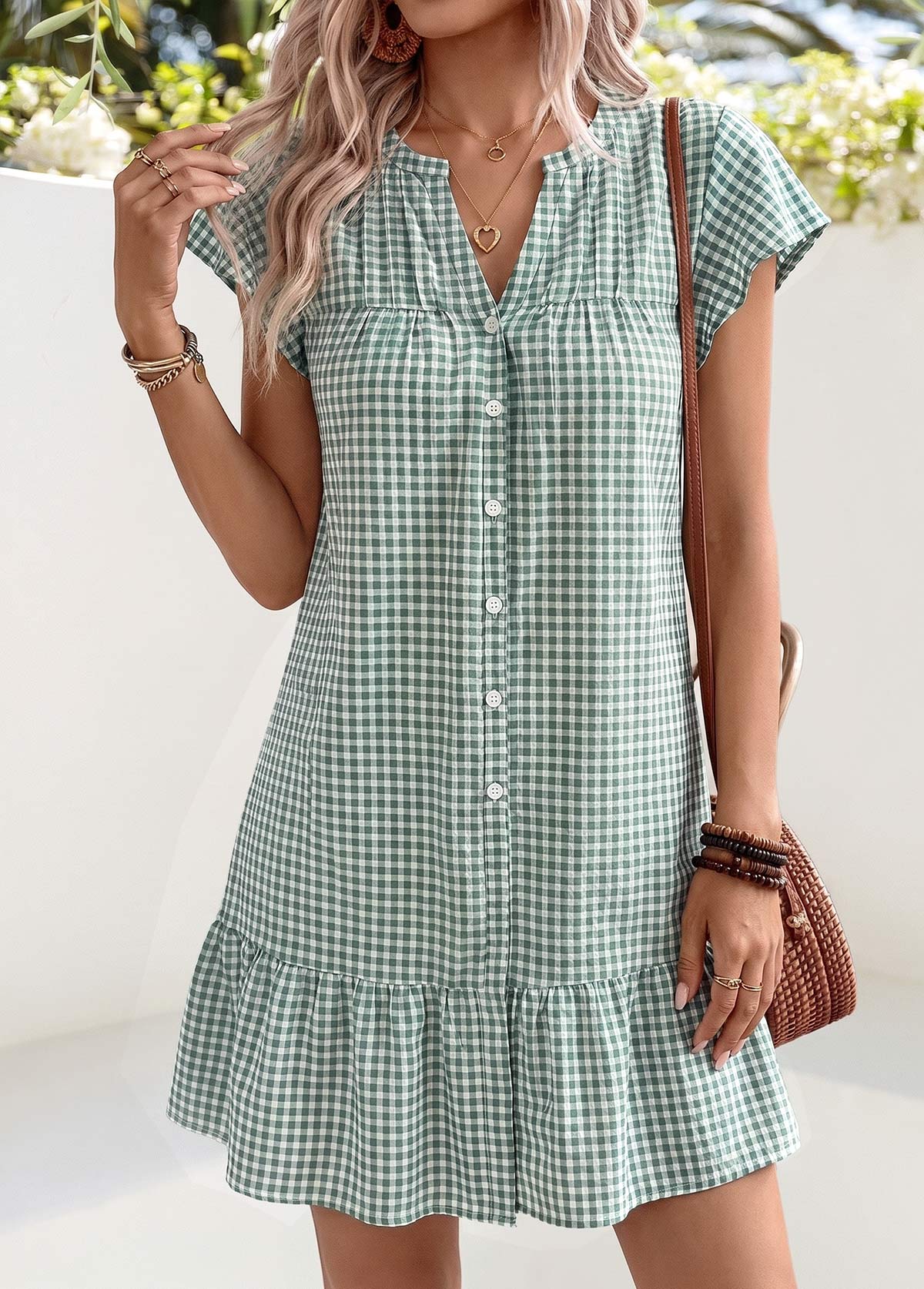 Sage Green Plaid Short Shirred Split Neck Dress | picture 