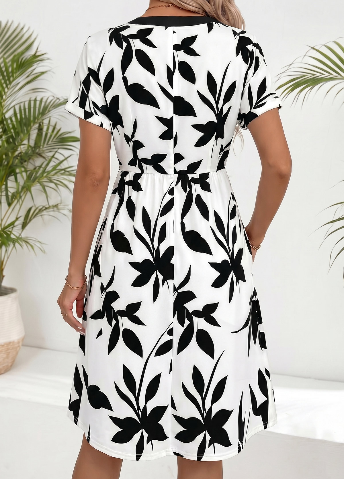 White Leaf Print Short Tummy Coverage Half Sleeve Dress | picture 
