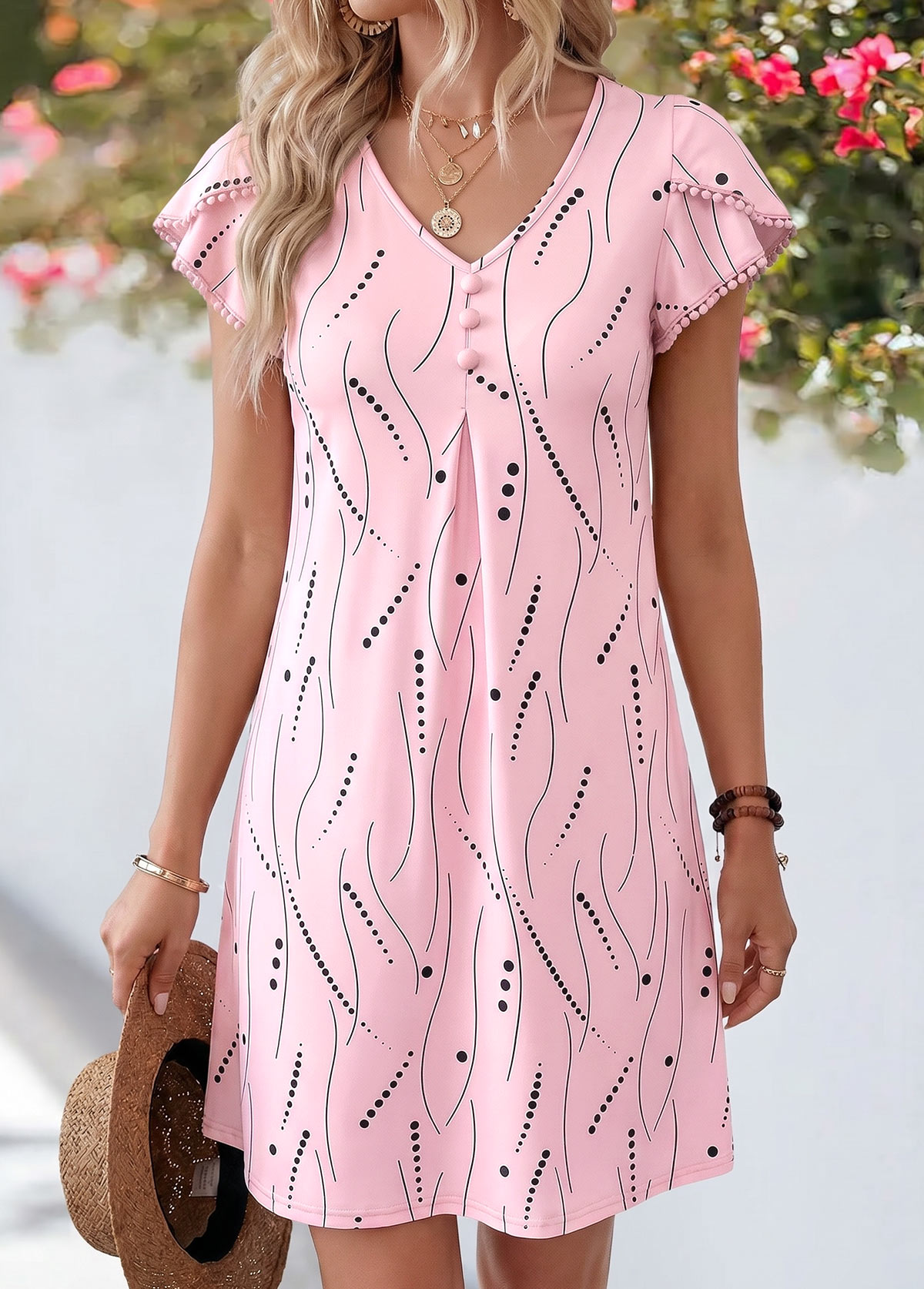 Pink Polka Dot Short Double Side Pockets Dress | picture 