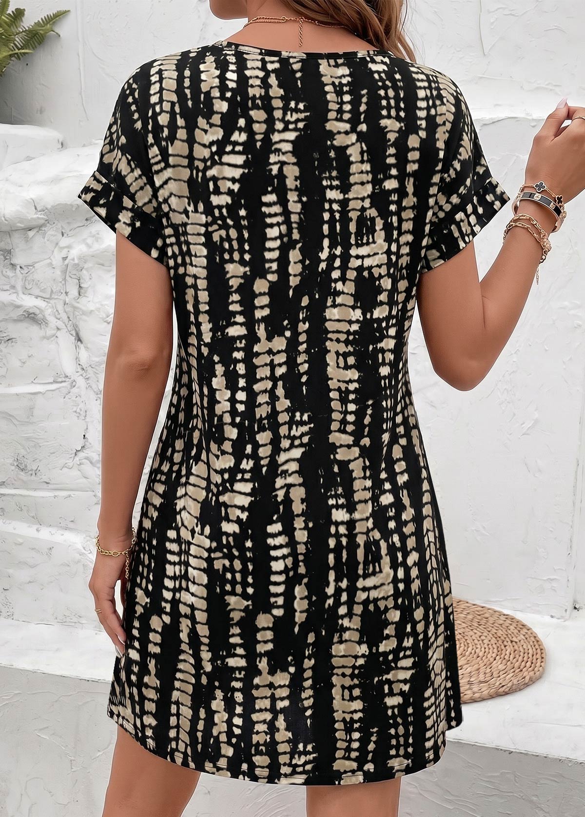 Gray Brown Tie Dye Print Short Tummy Coverage Dress | picture 