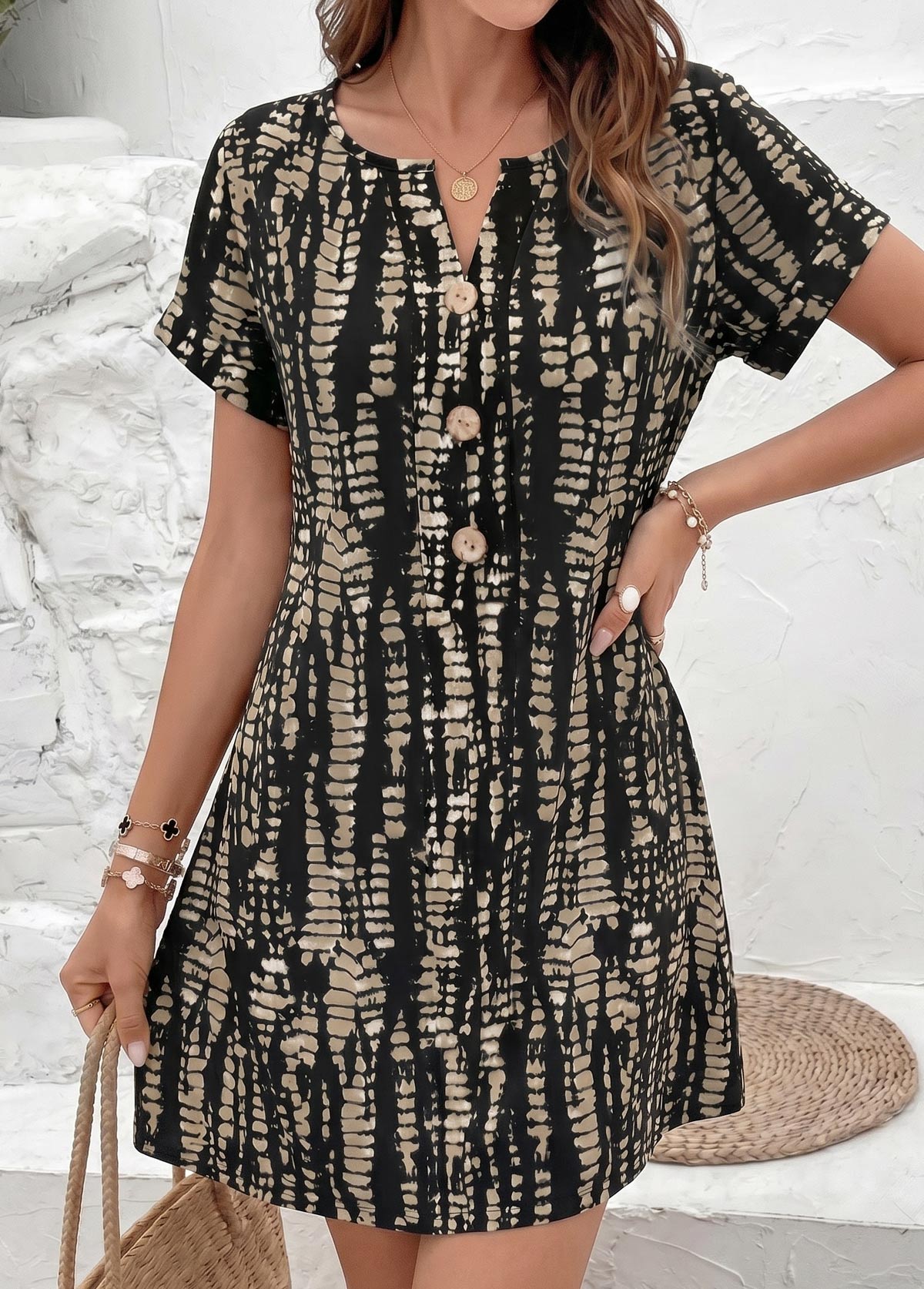 Gray Brown Tie Dye Print Short Tummy Coverage Dress | picture 