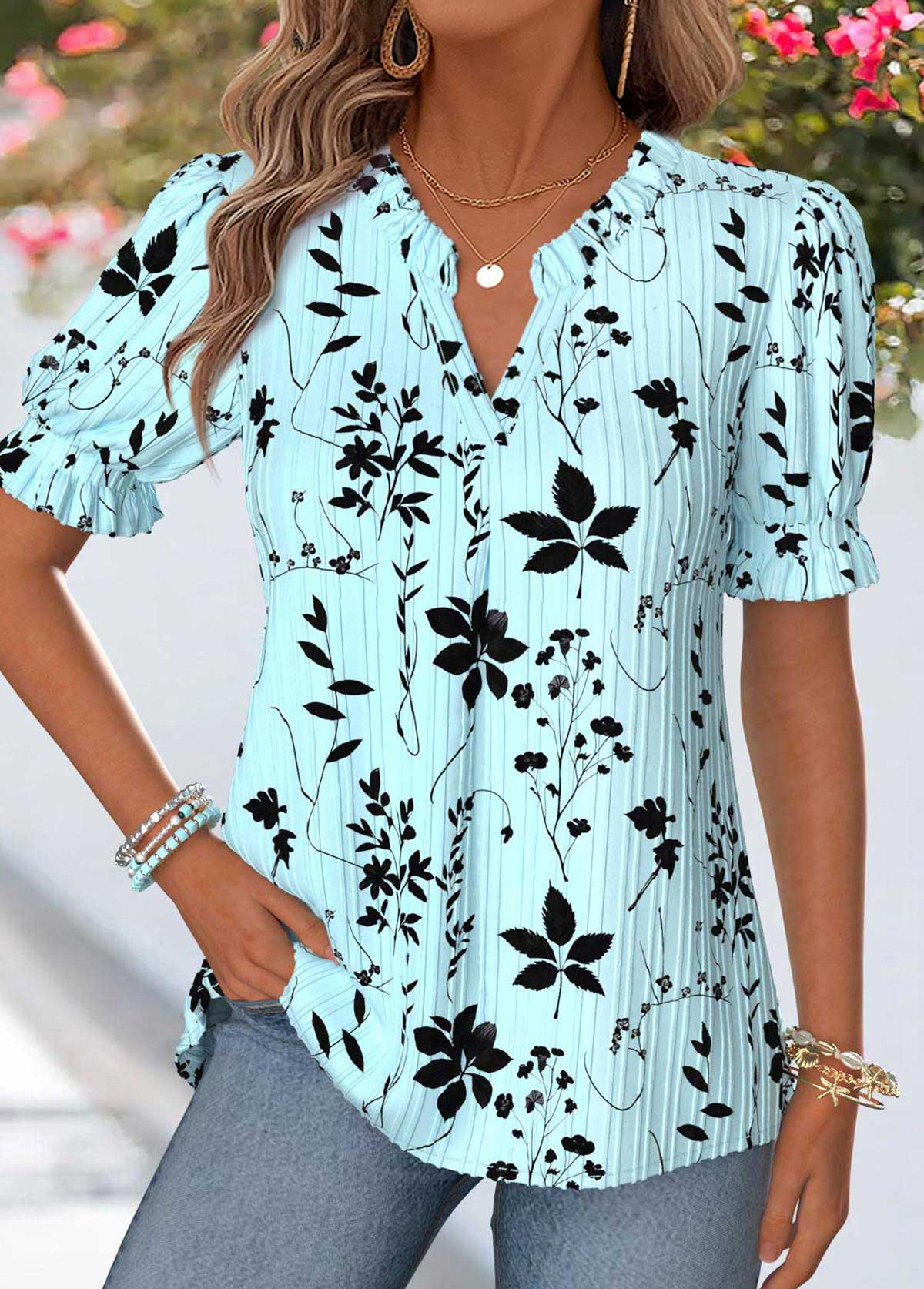 Light Blue Floral Print Curved Hem Short Sleeve Blouse | picture 