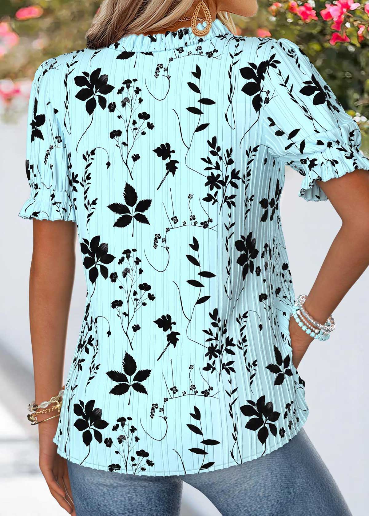 Light Blue Floral Print Curved Hem Short Sleeve Blouse | picture 