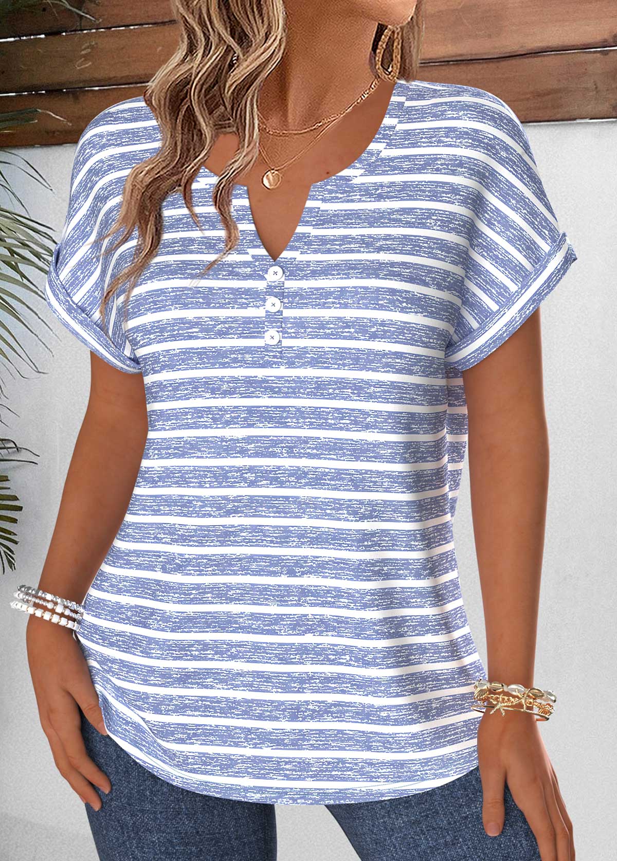 Dusty Blue Striped Tummy Coverage Short Sleeve Blouse | picture 