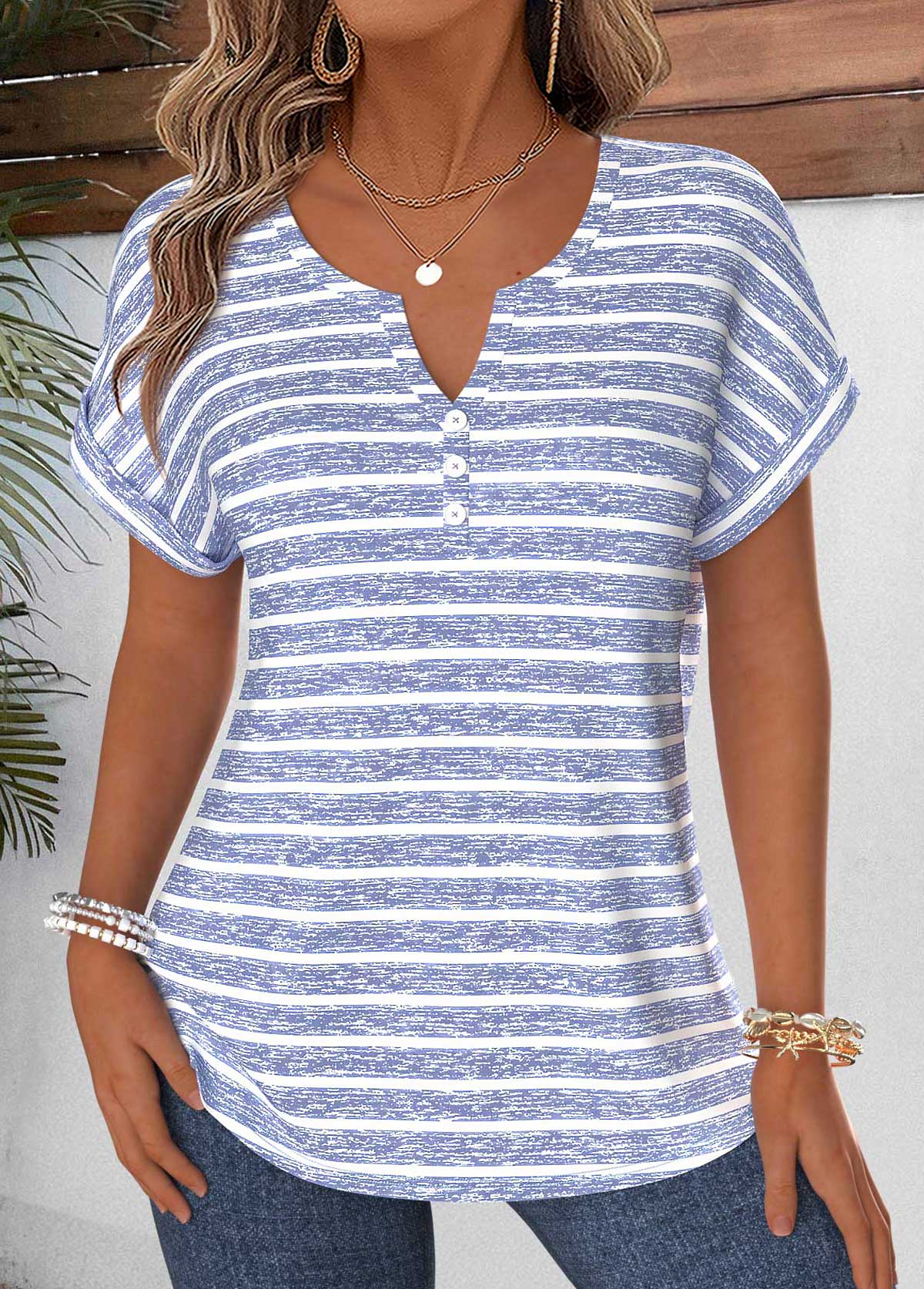 Dusty Blue Striped Tummy Coverage Short Sleeve Blouse | picture 
