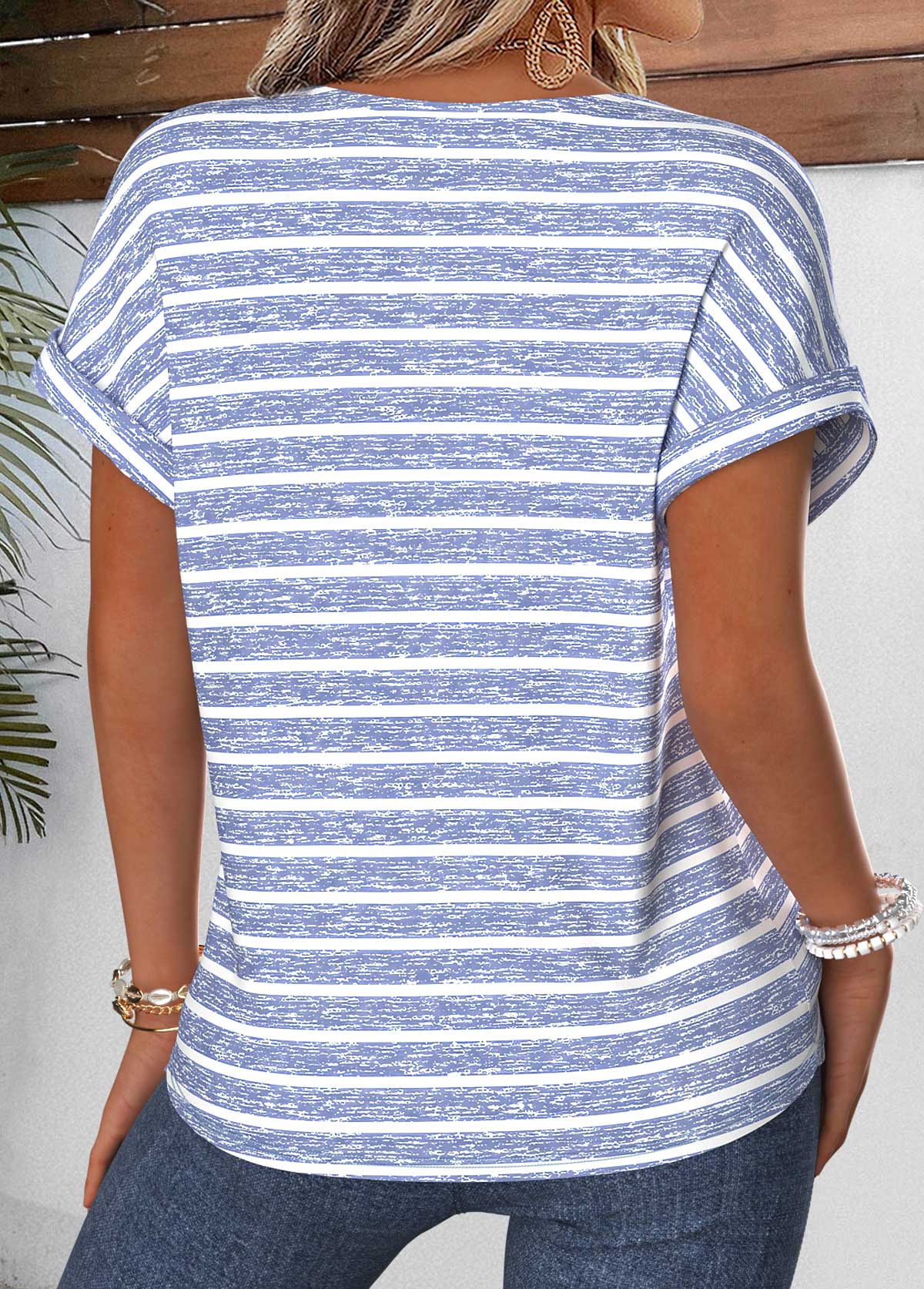 Dusty Blue Striped Tummy Coverage Short Sleeve Blouse | picture 