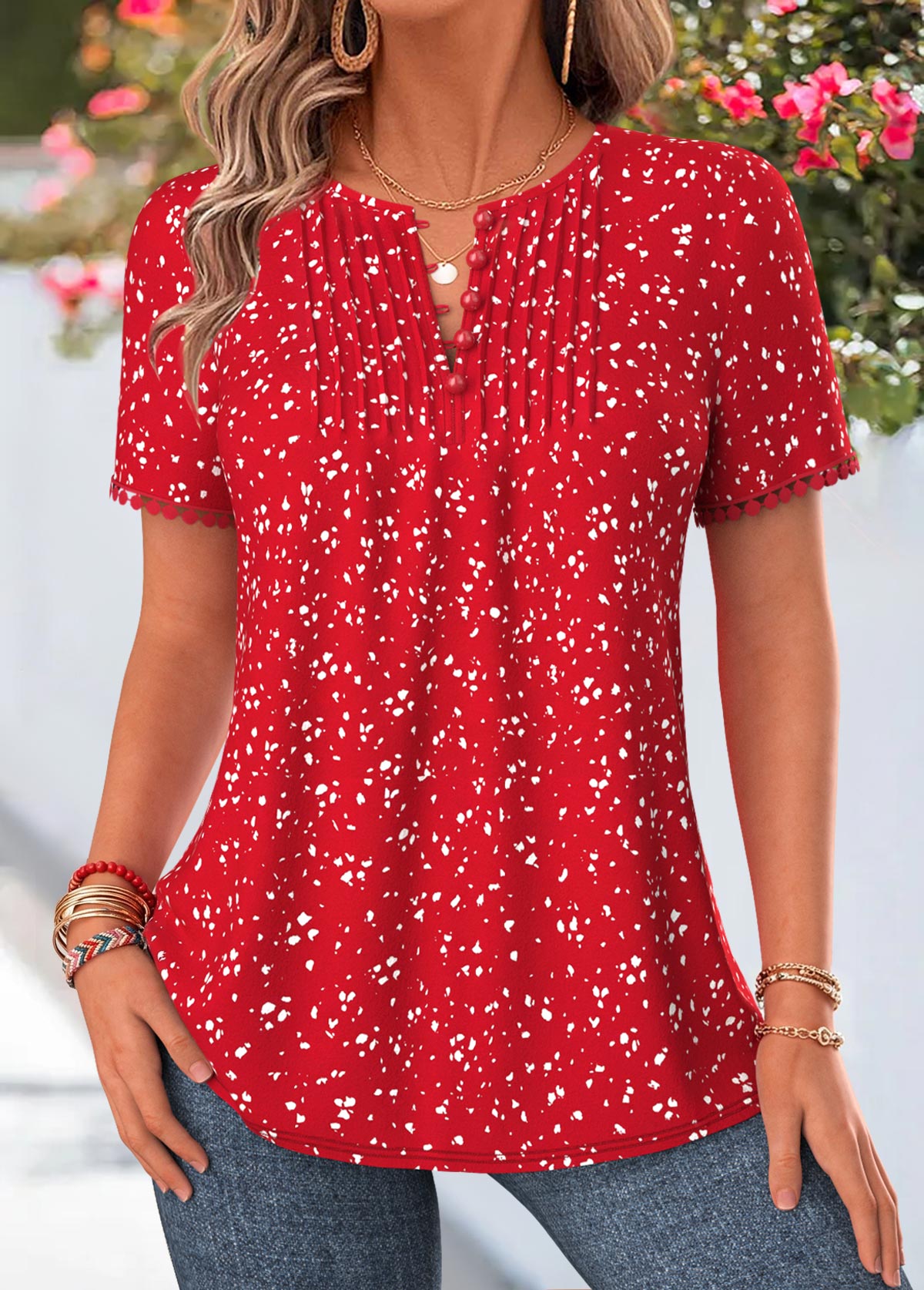 Red Polka Dot Tuck Stitch Short Sleeve Blouse | picture 