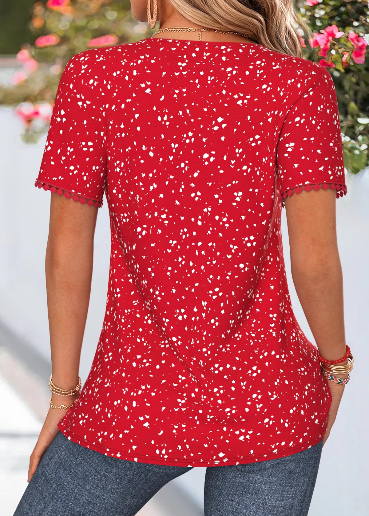 Red Polka Dot Tuck Stitch Short Sleeve Blouse | picture 
