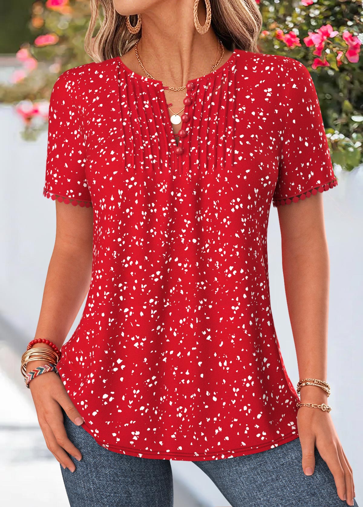 Red Polka Dot Tuck Stitch Short Sleeve Blouse | picture 