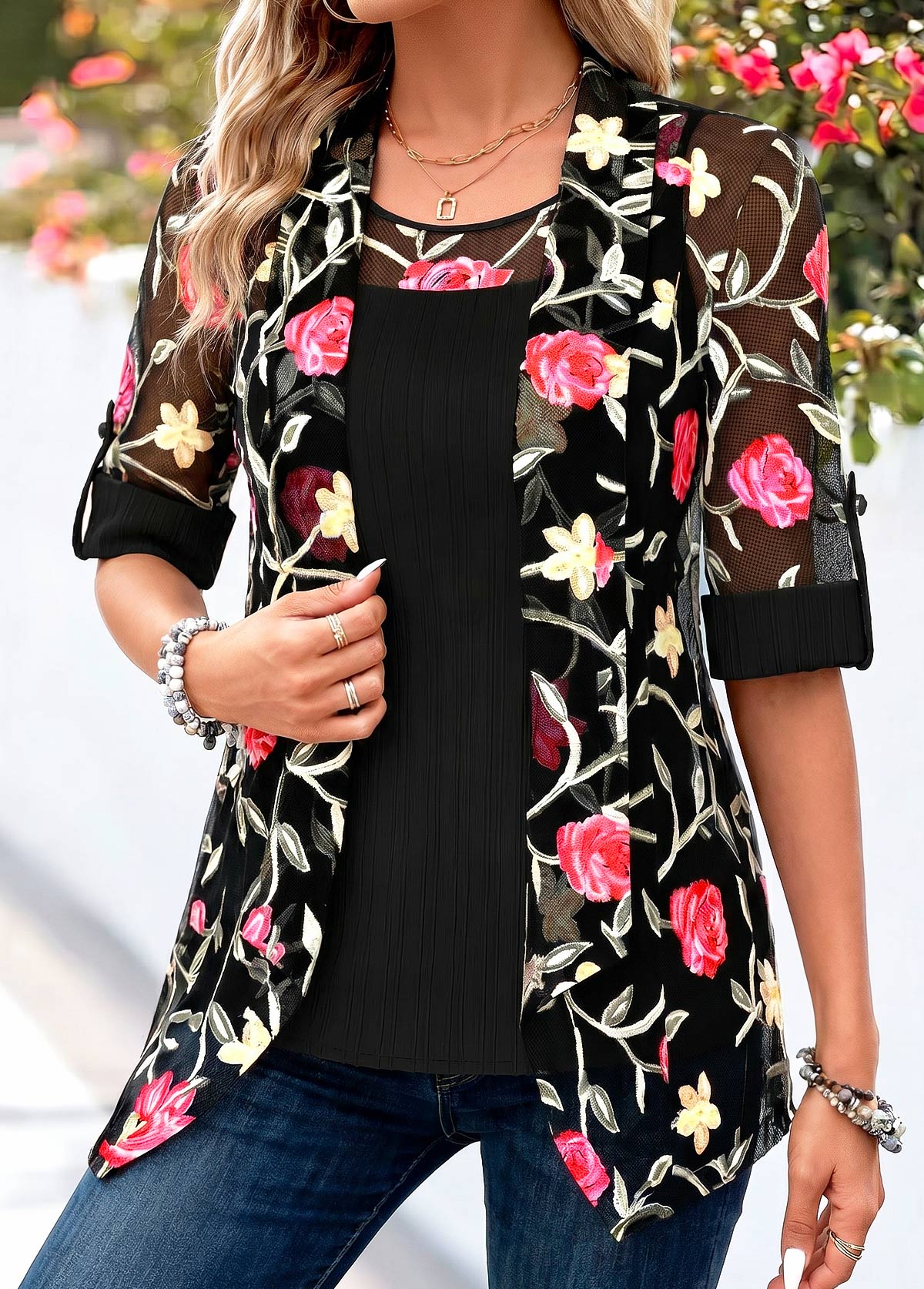 Black Half Sleeve Square Neck Fake Two Piece Twinset | picture 