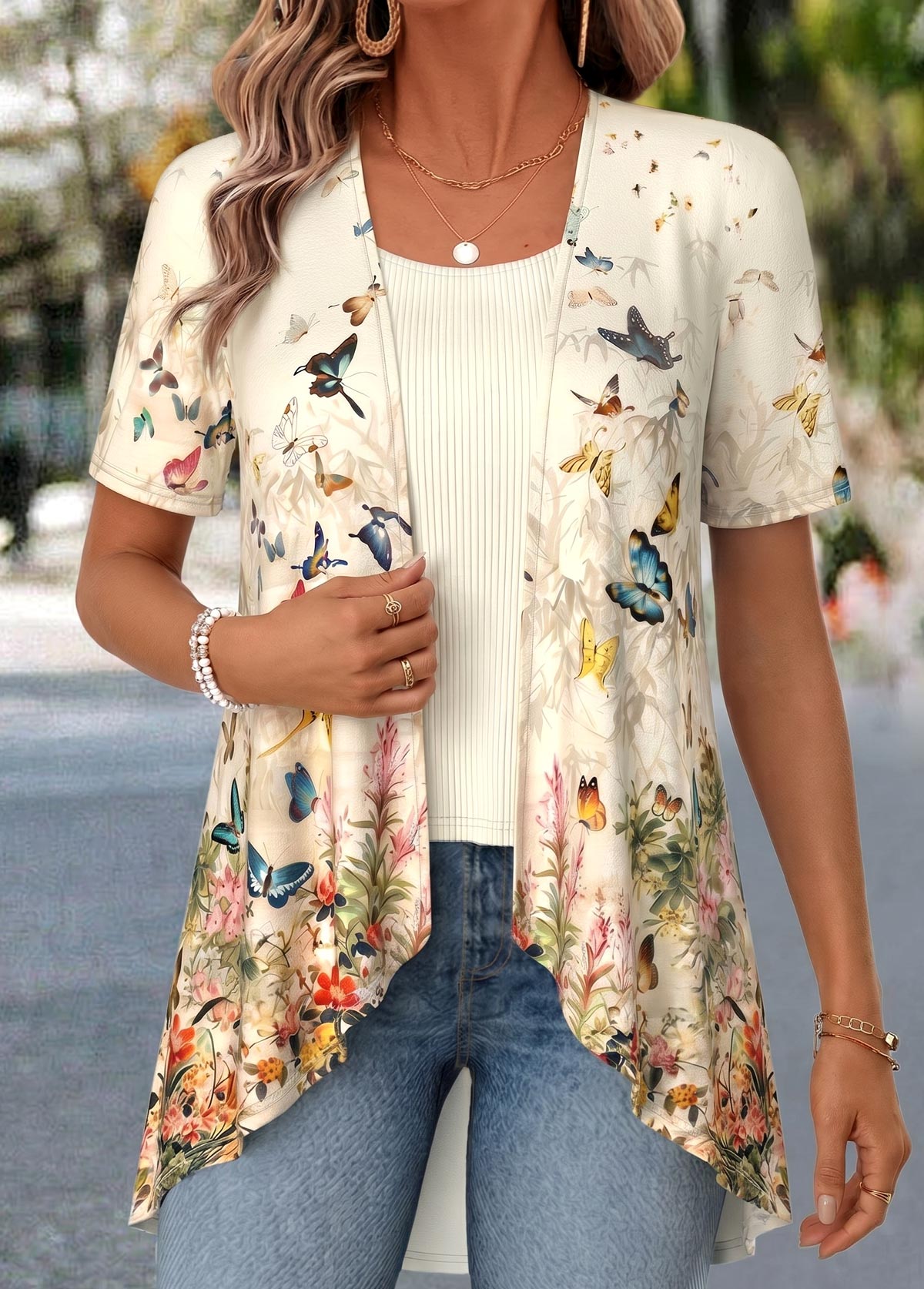 Light Yellow Floral Print Fake Two Piece Twinset | picture 