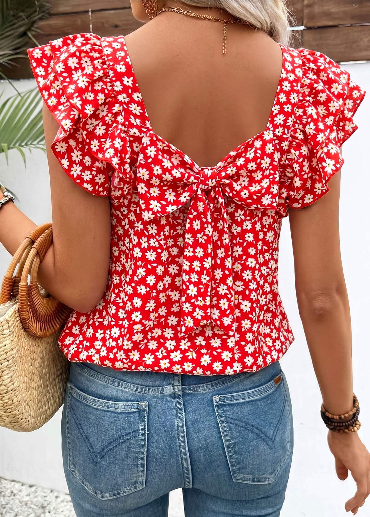Red Ditsy Floral Print Bowknot Short Sleeve T Shirt | picture 