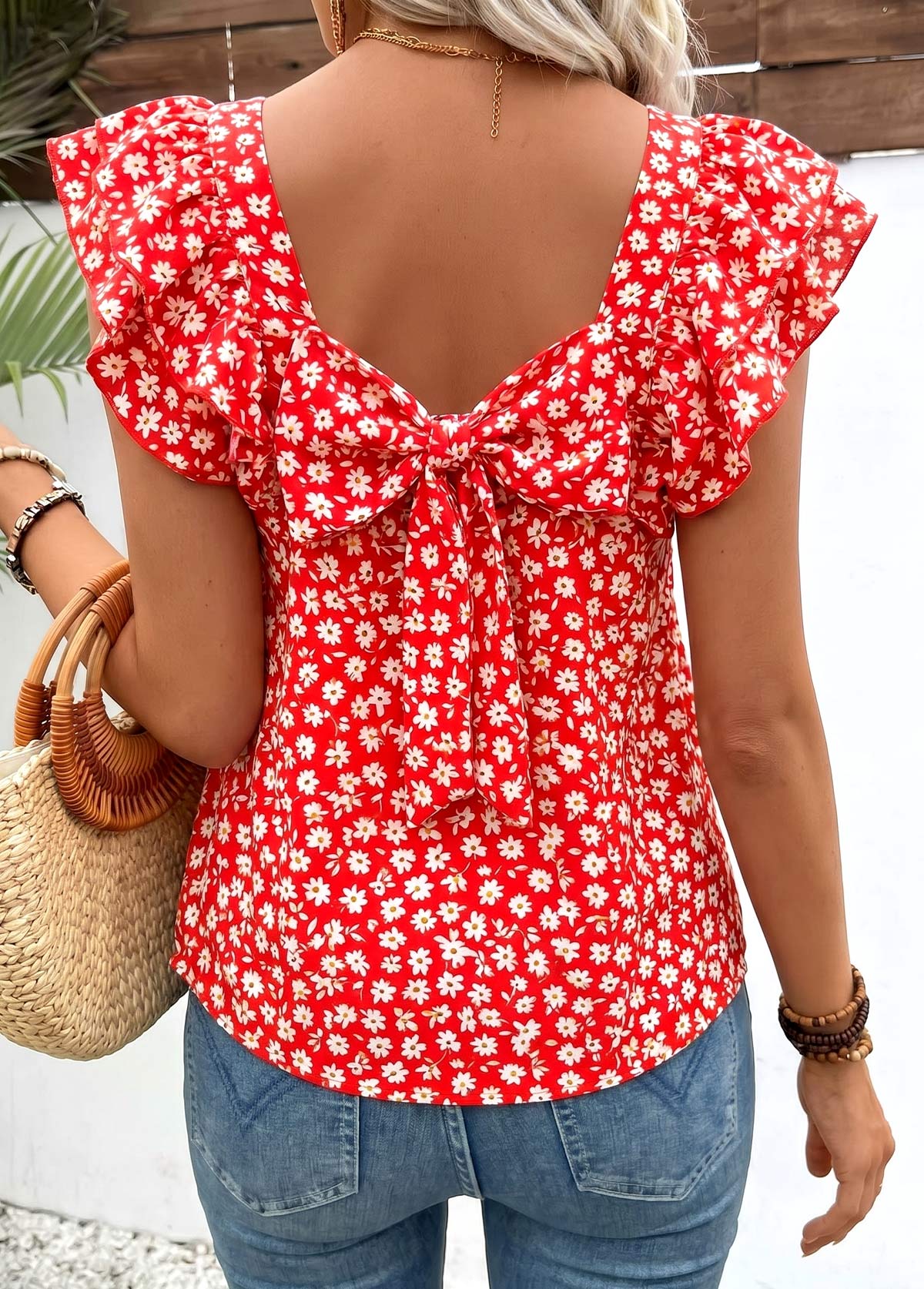Red Ditsy Floral Print Bowknot Short Sleeve T Shirt | picture 