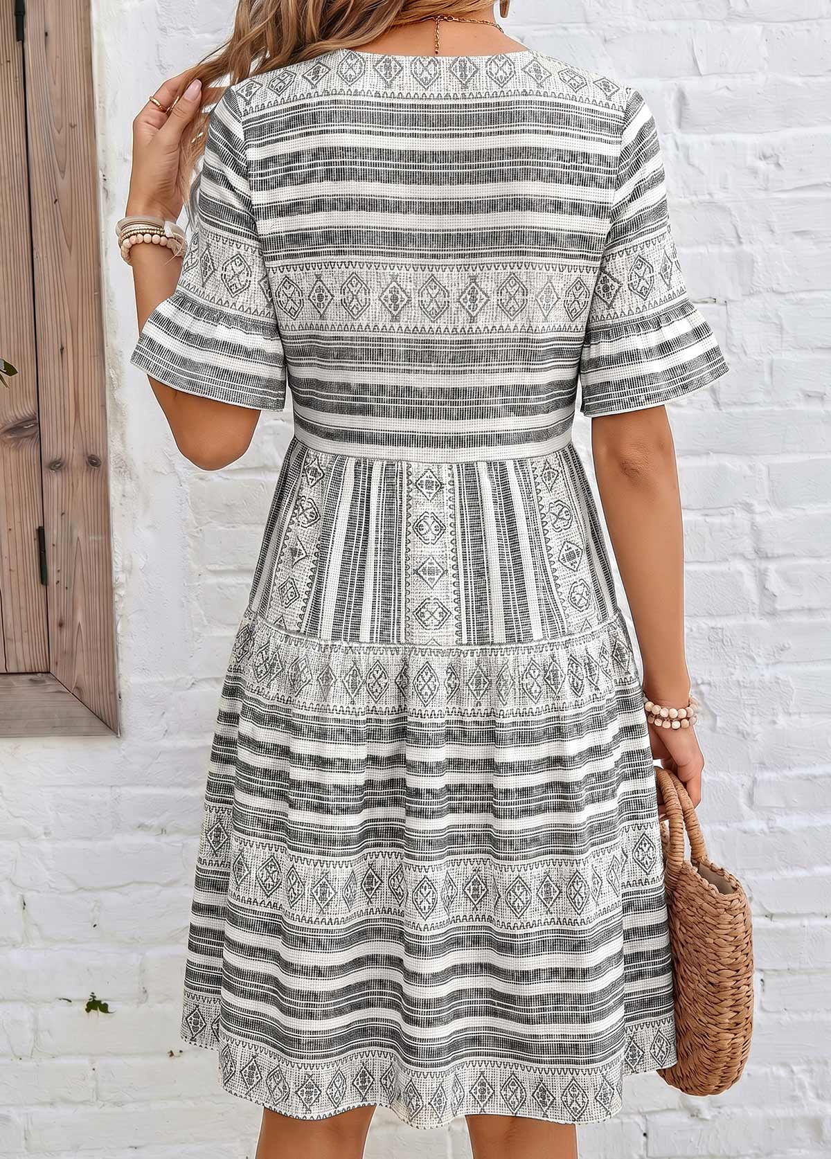 Grey Tribal Print Short Tummy Coverage Split Neck Dress | picture 