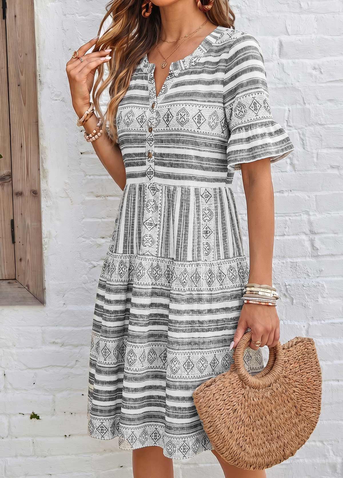 Grey Tribal Print Short Tummy Coverage Split Neck Dress | picture 