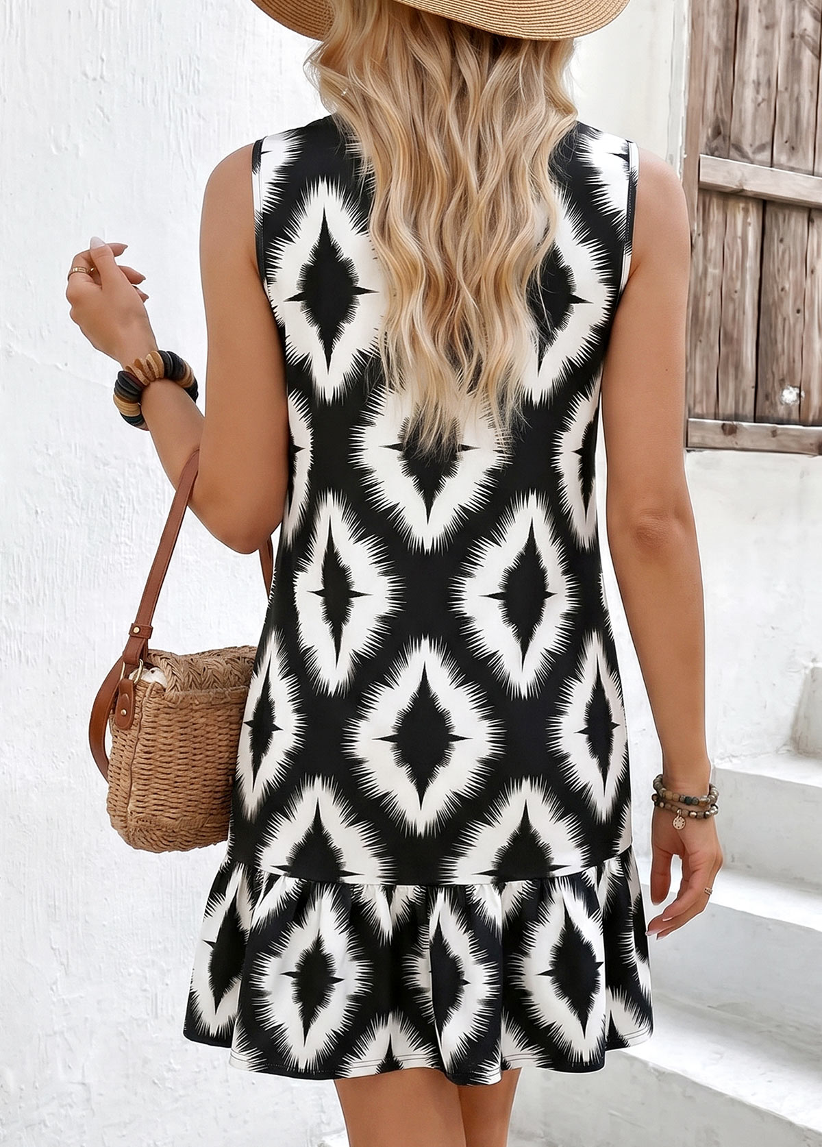 Black Geometric Print Short Tummy Coverage Sleeveless Dress | picture 