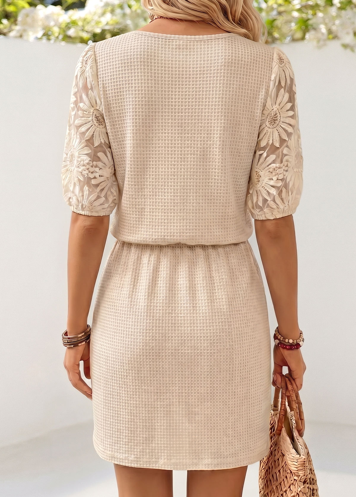 Beige Short Half Sleeve Round Neck Dress | picture 