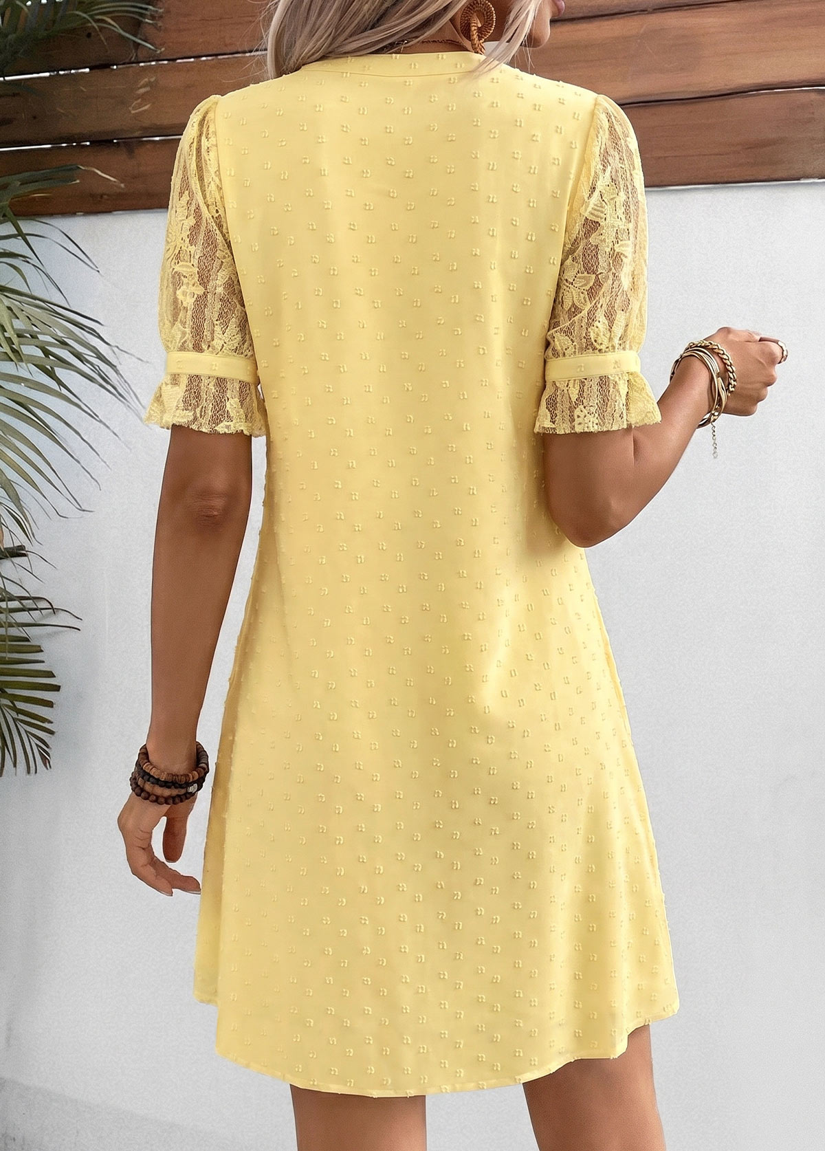Light Yellow Short Patchwork Split Neck Dress | picture 