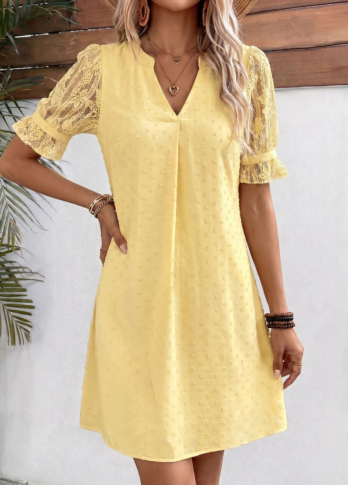 Light Yellow Short Patchwork Split Neck Dress | picture 