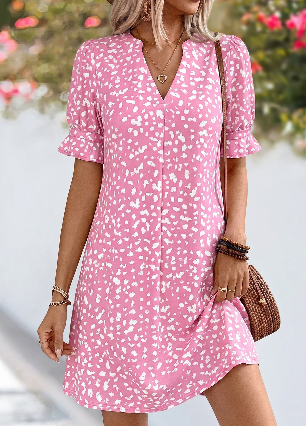 Pink Polka Dot Short Tummy Coverage Split Neck Dress | picture 