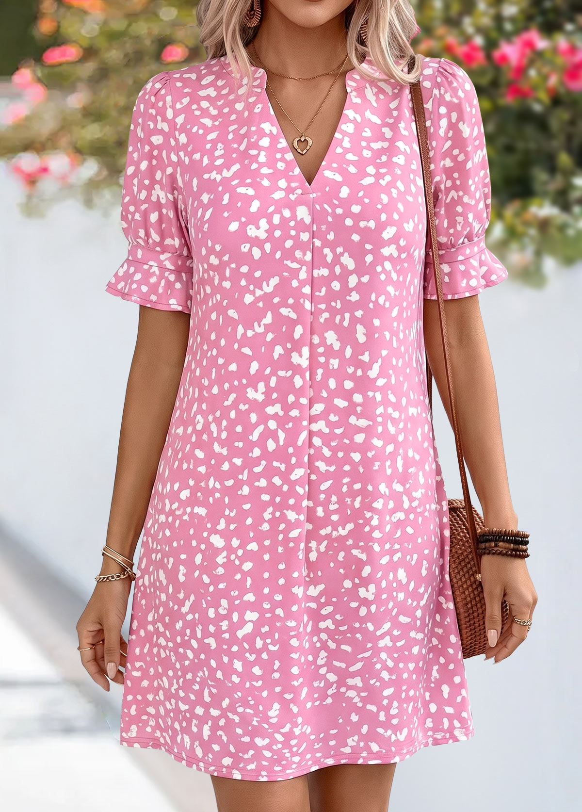 Pink Polka Dot Short Tummy Coverage Split Neck Dress | picture 