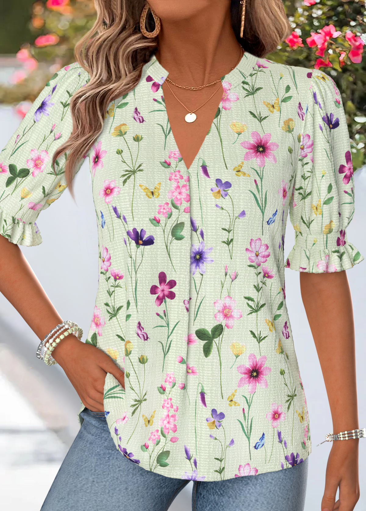 Green Floral Print Shirred Half Sleeve Split Neck Blouse | picture 