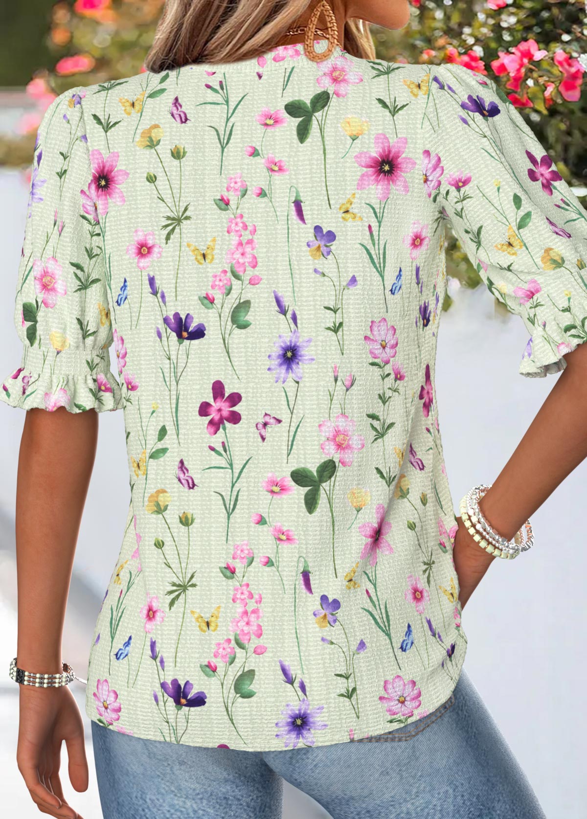 Green Floral Print Shirred Half Sleeve Split Neck Blouse | picture 