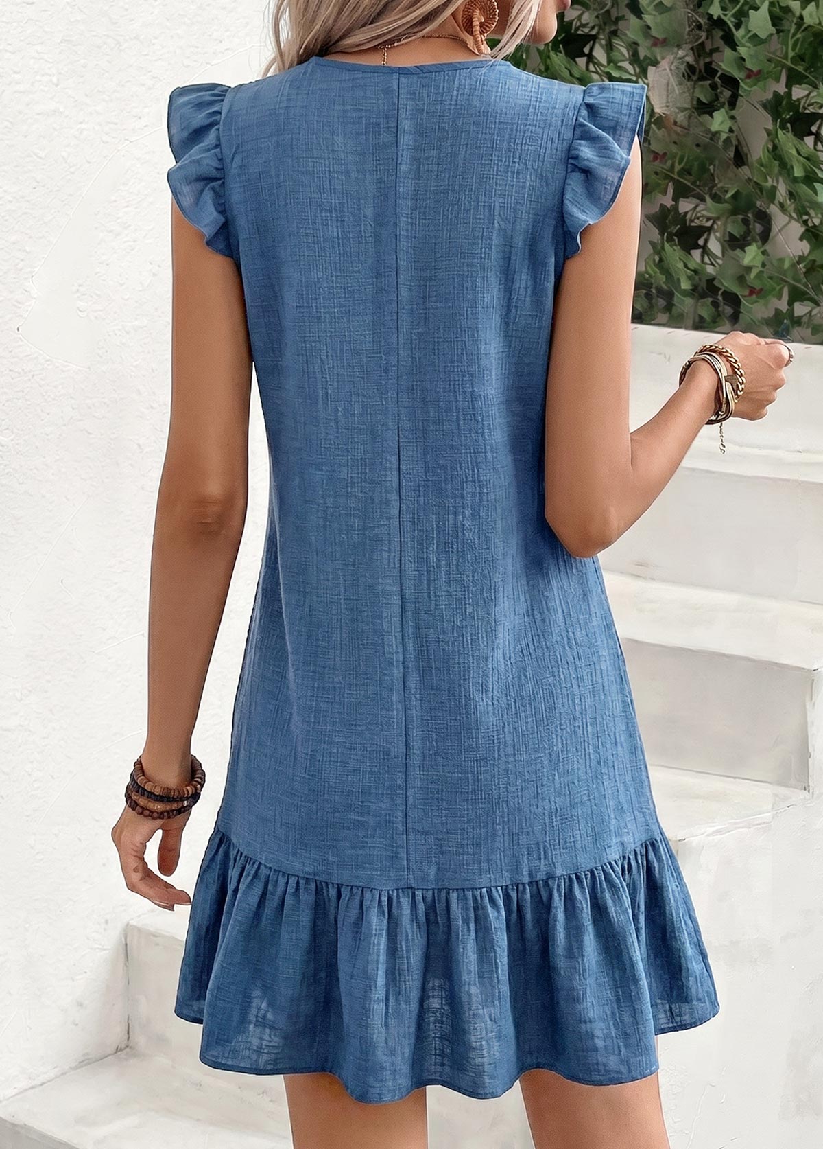 Denim Blue Short Ruffle V Neck Dress | picture 