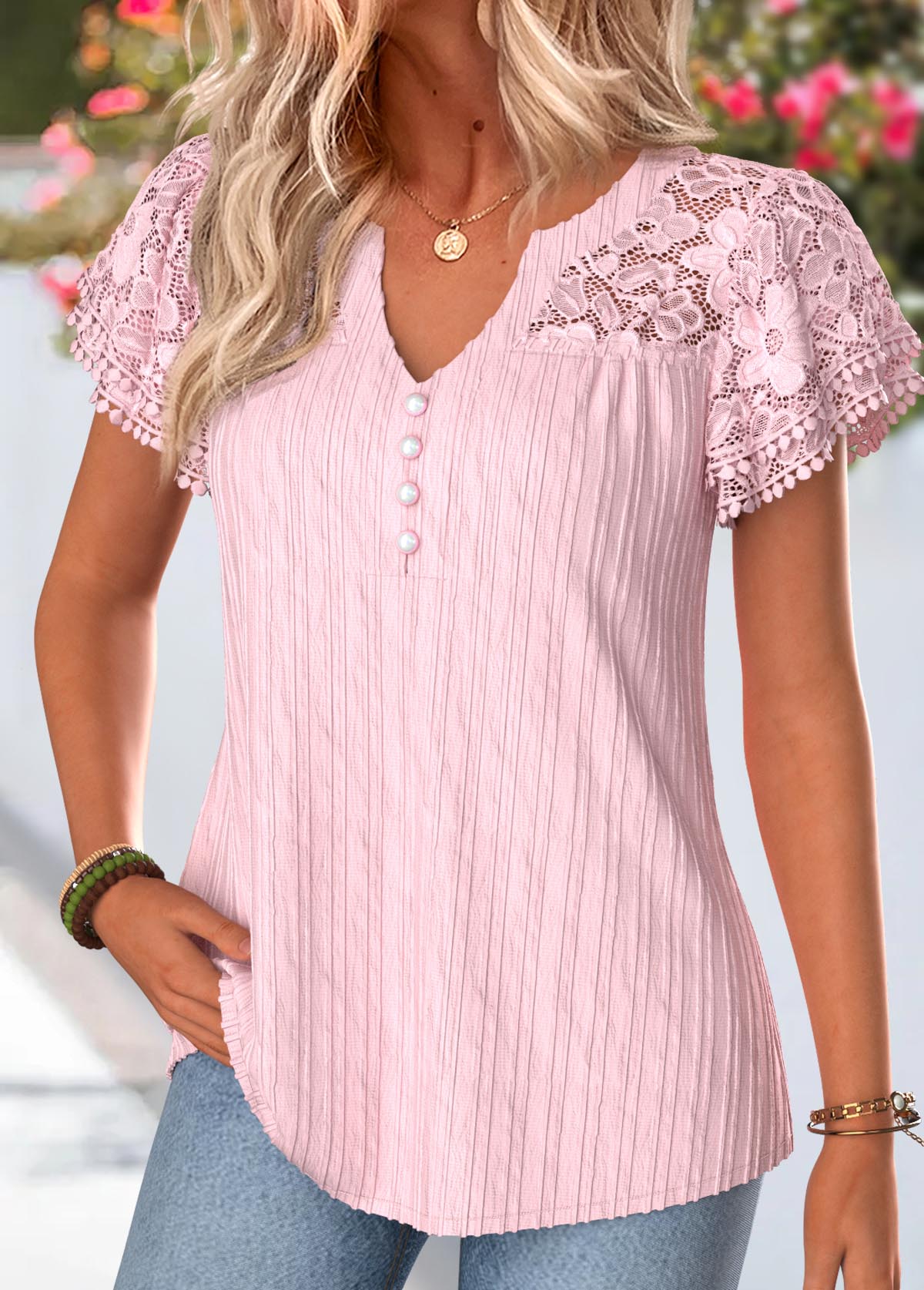 Pink Curved Hem Short Sleeve Split Neck Blouse | picture 
