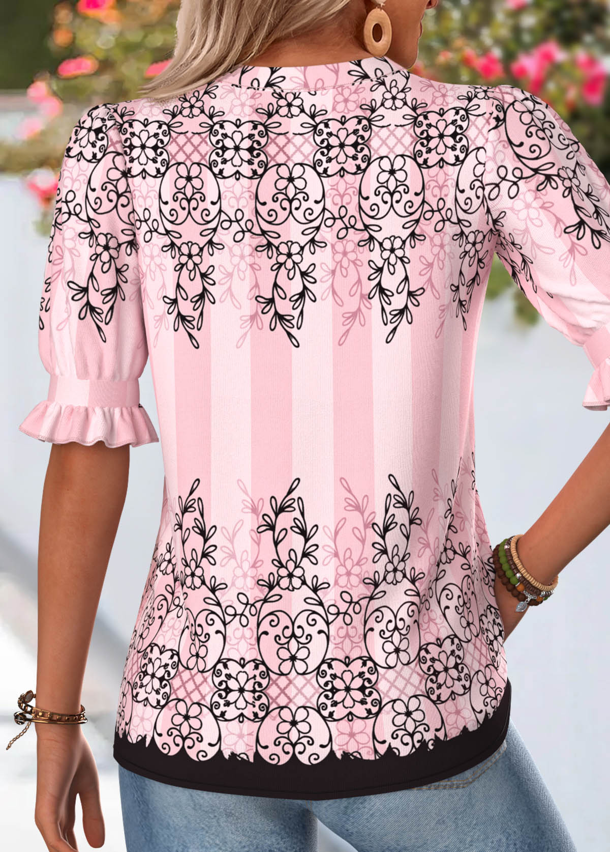 Pink Leaf Print Shirred Half Sleeve Split Neck Blouse | picture 