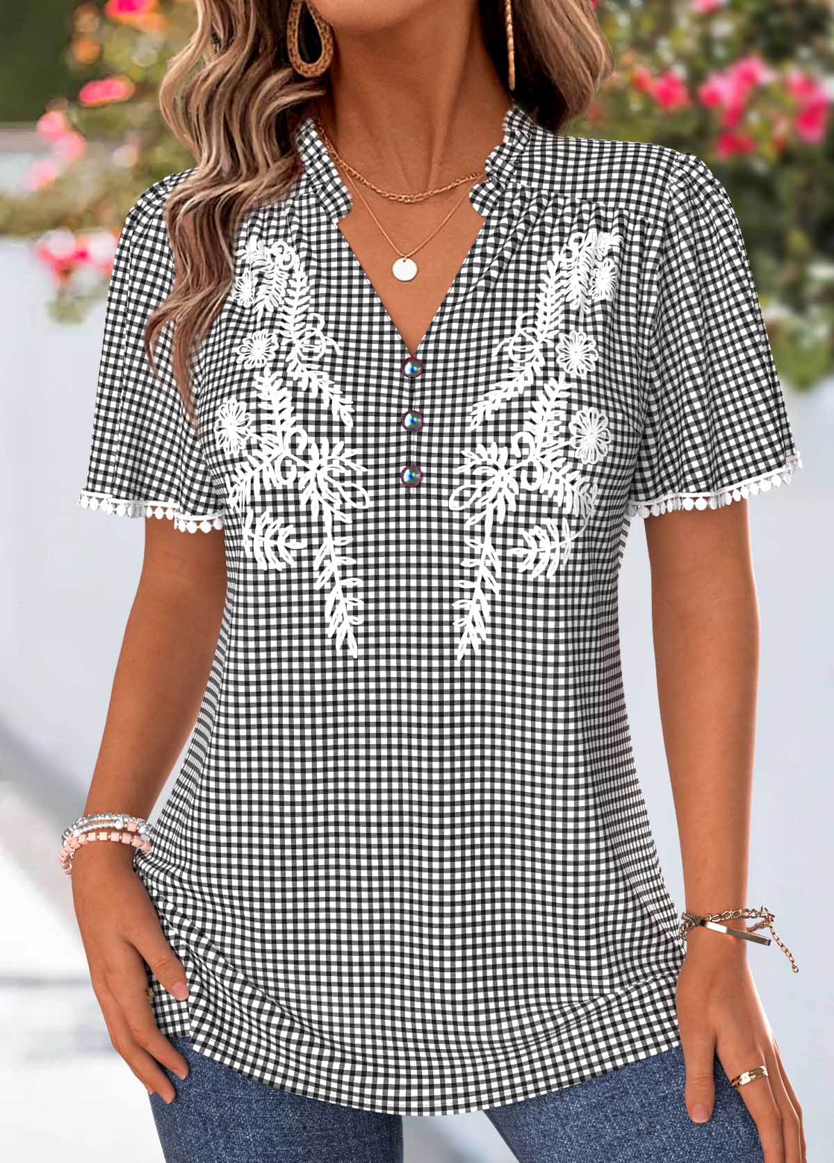 Black Plaid Shirred Short Sleeve V Neck Blouse | picture 