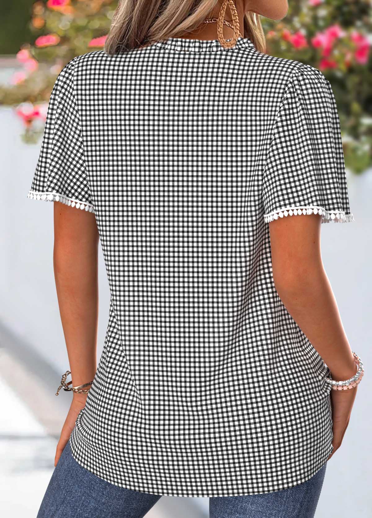 Black Plaid Shirred Short Sleeve V Neck Blouse | picture 