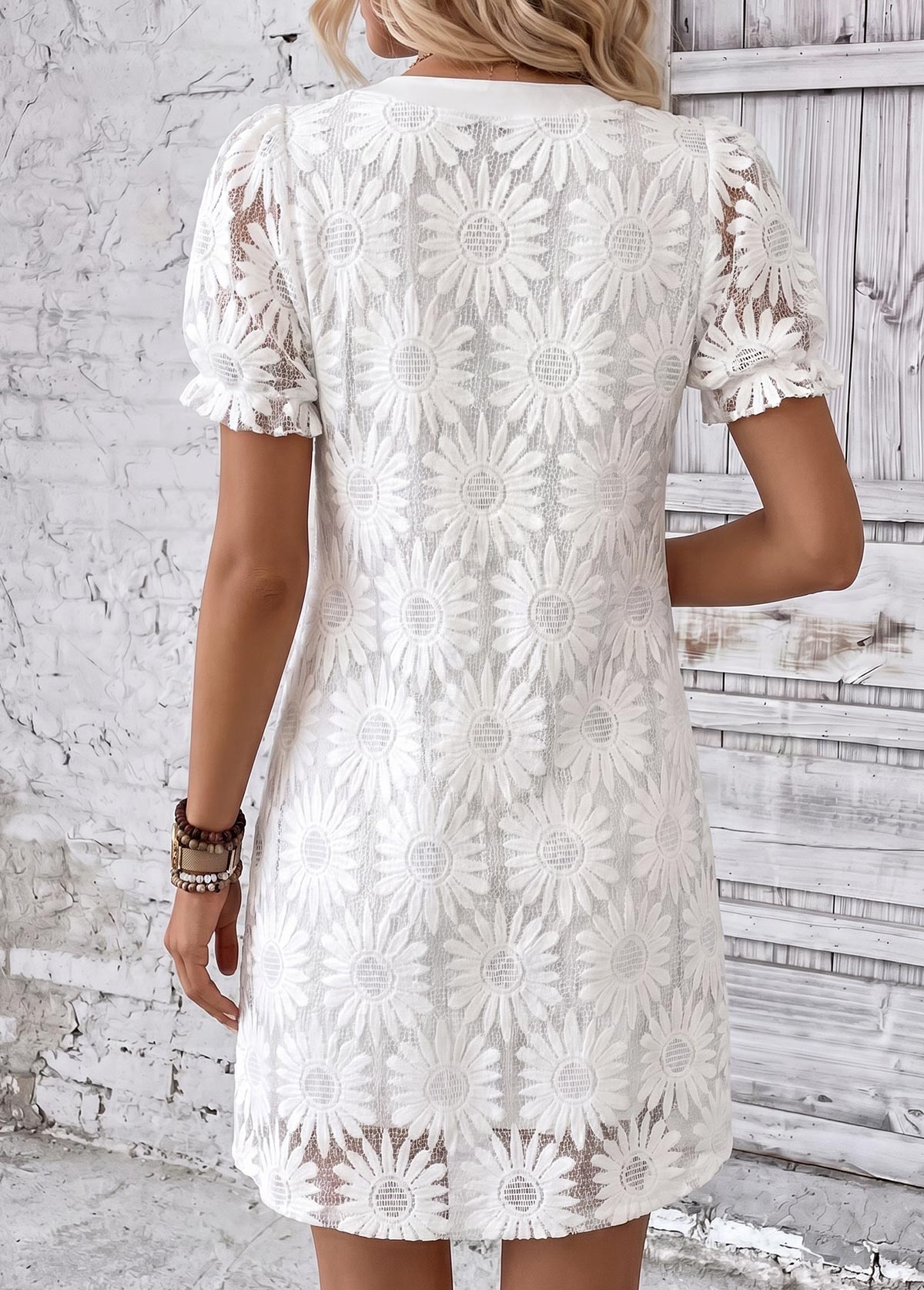 White Short Shirred Split Neck Dress | picture 