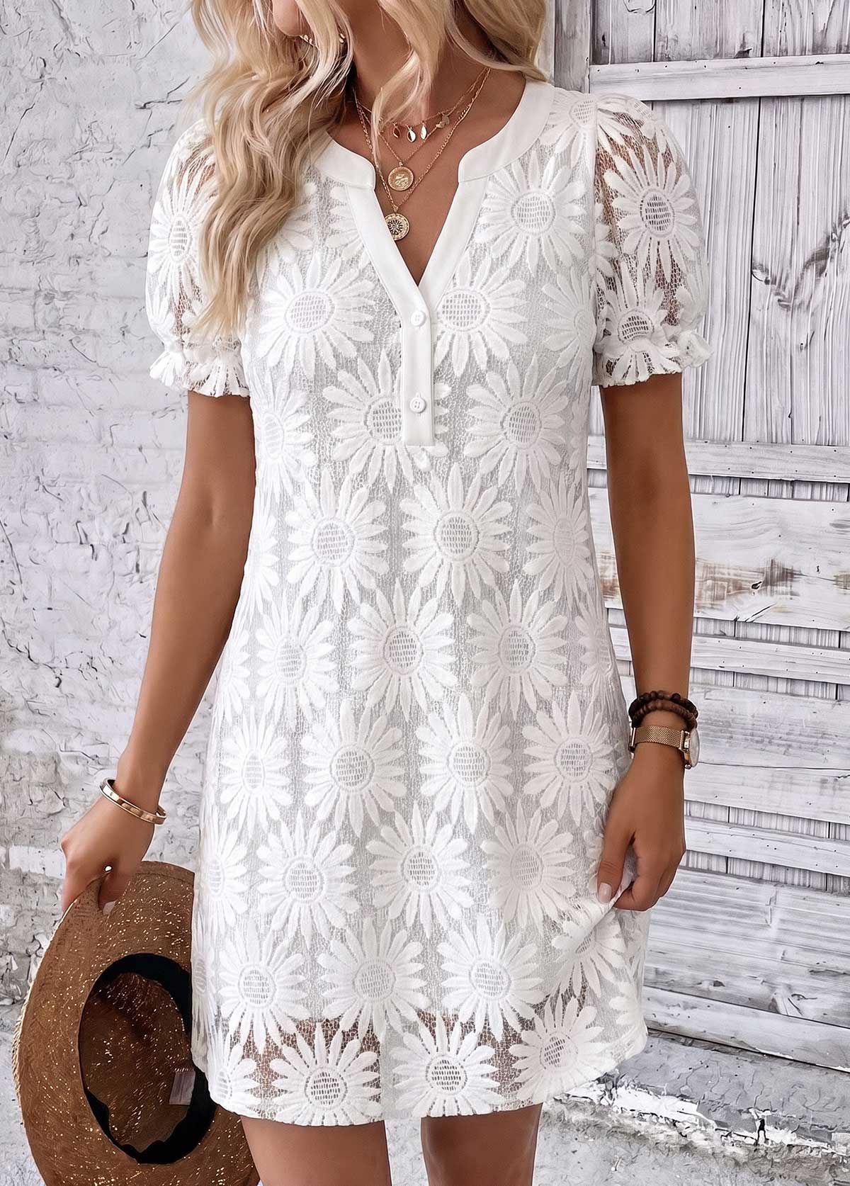 White Short Shirred Split Neck Dress | picture 