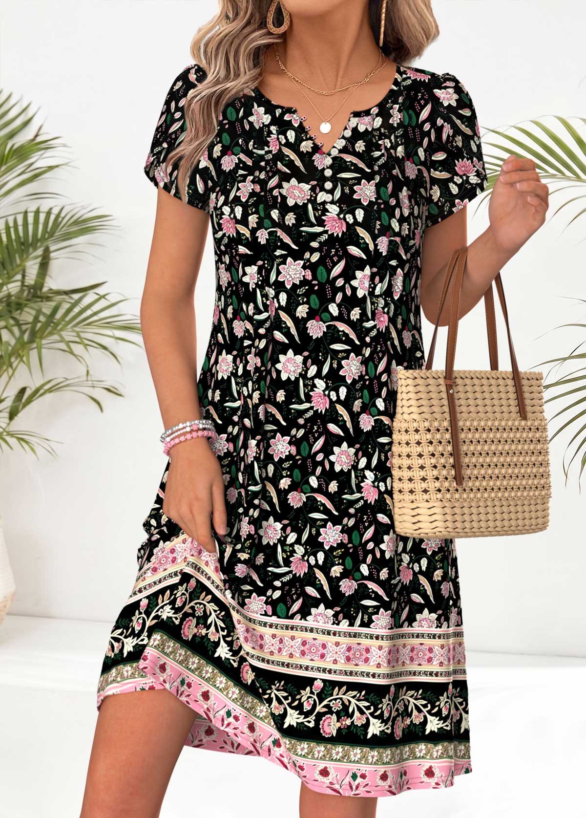 Black Floral Print Short Tuck Stitch Split Neck Dress | picture 