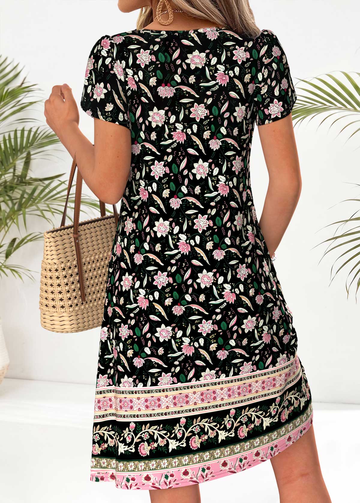 Black Floral Print Short Tuck Stitch Split Neck Dress | picture 