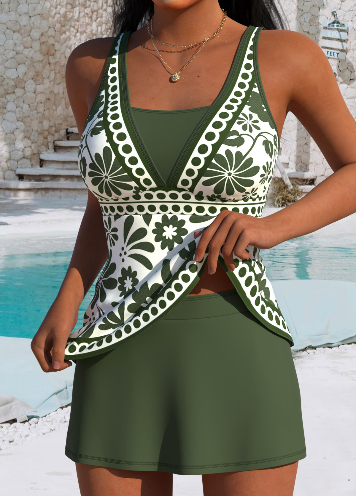 Green Mid Waisted Tribal Print Tankini Set | picture 
