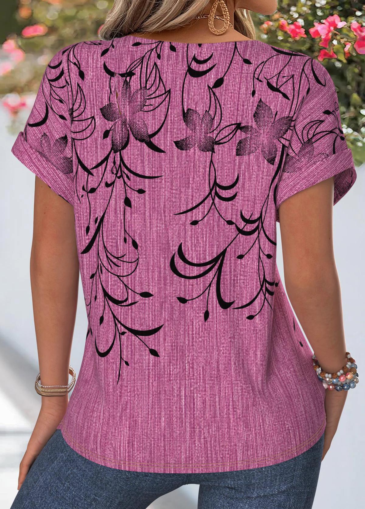 Violet Floral Print Curved Hem Short Sleeve Blouse | picture 