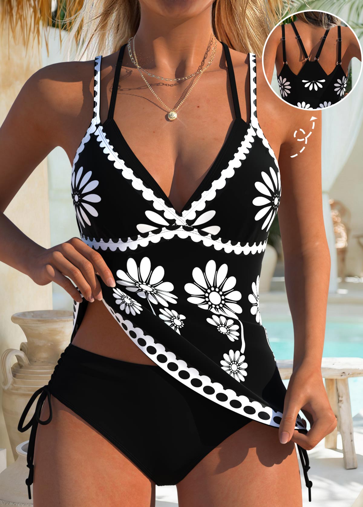 Black Mid Waisted Drawstring Random Floral Print Tankini Set | picture 