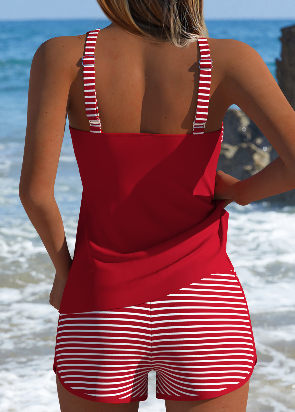 Tummy Coverage Mid Waisted Striped Red Tankini Set | picture 