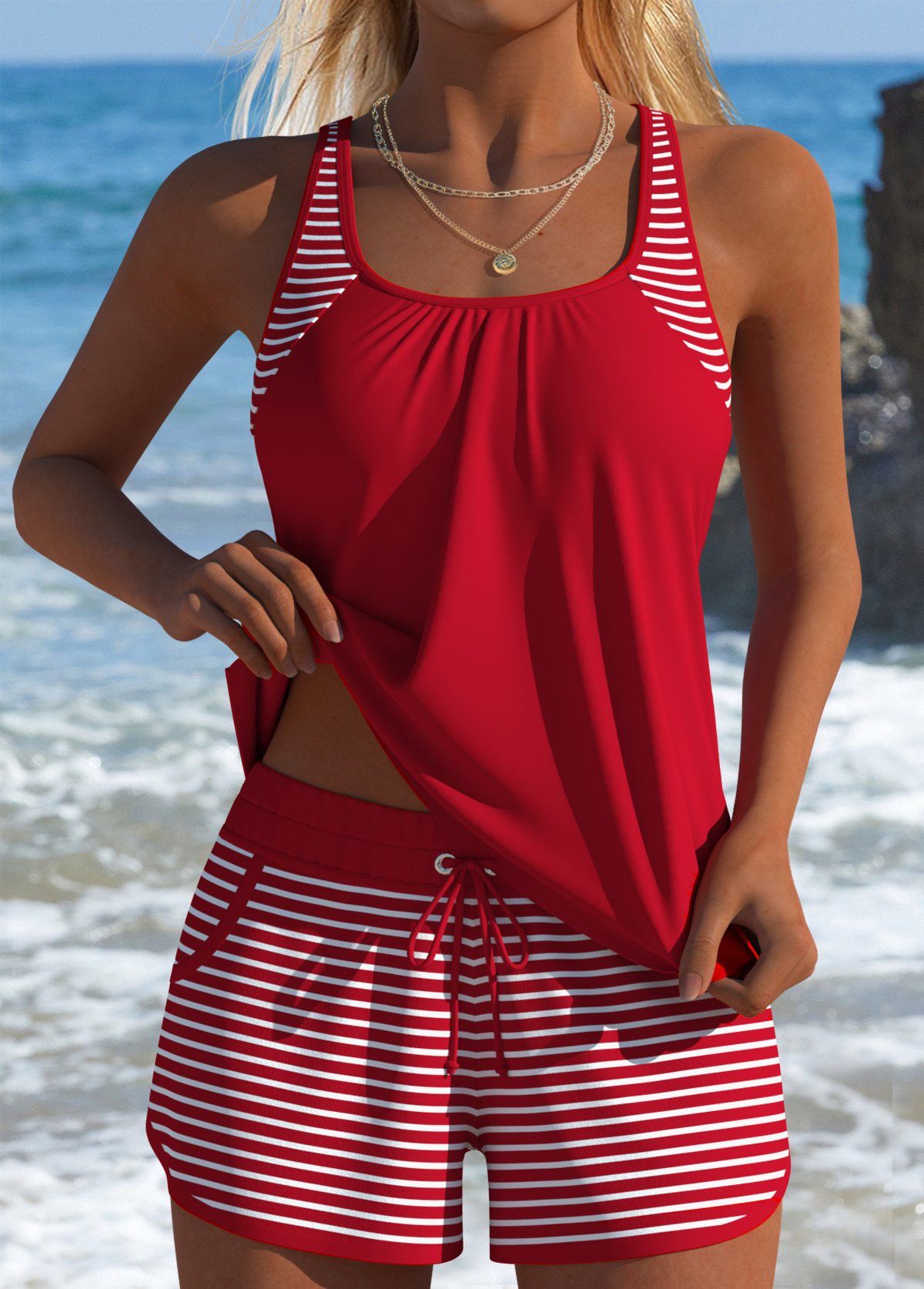 Tummy Coverage Mid Waisted Striped Red Tankini Set | picture 