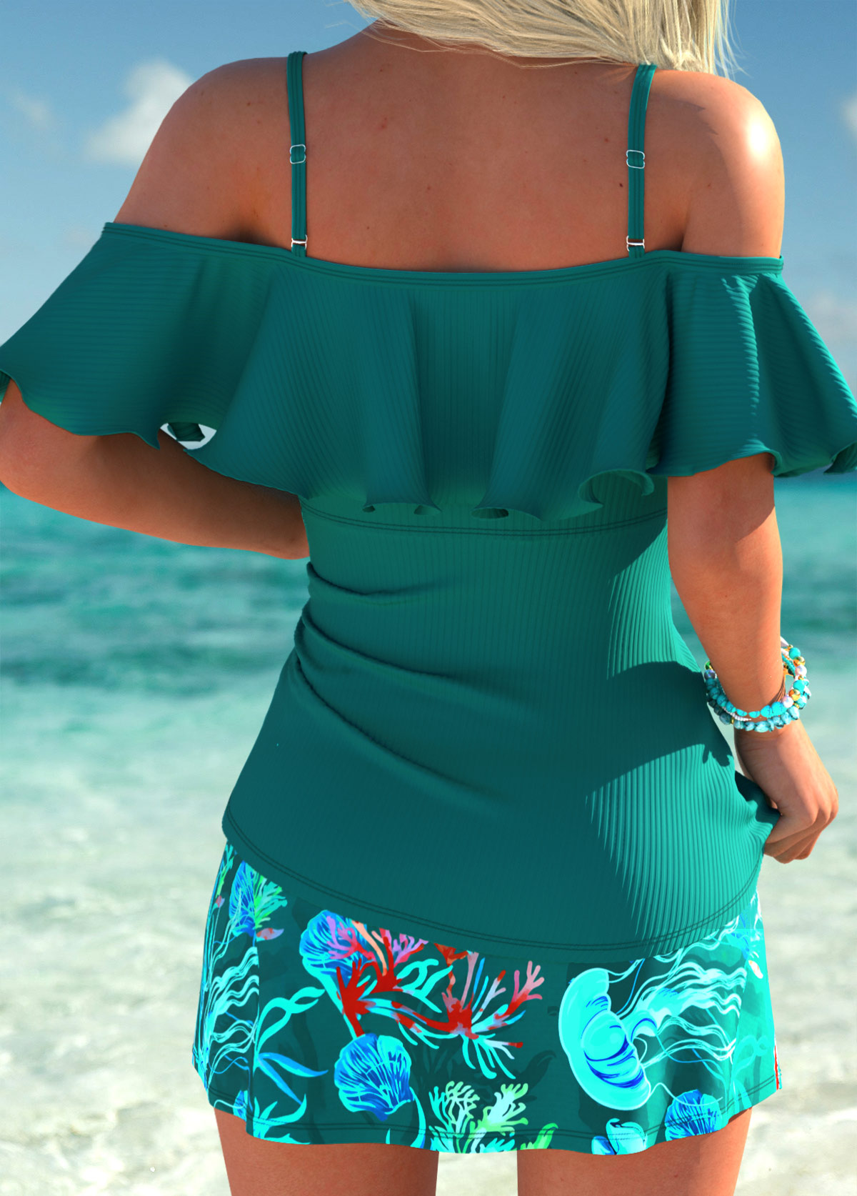Blackish Green Mid Waisted Ruffle Tankini Set | picture 