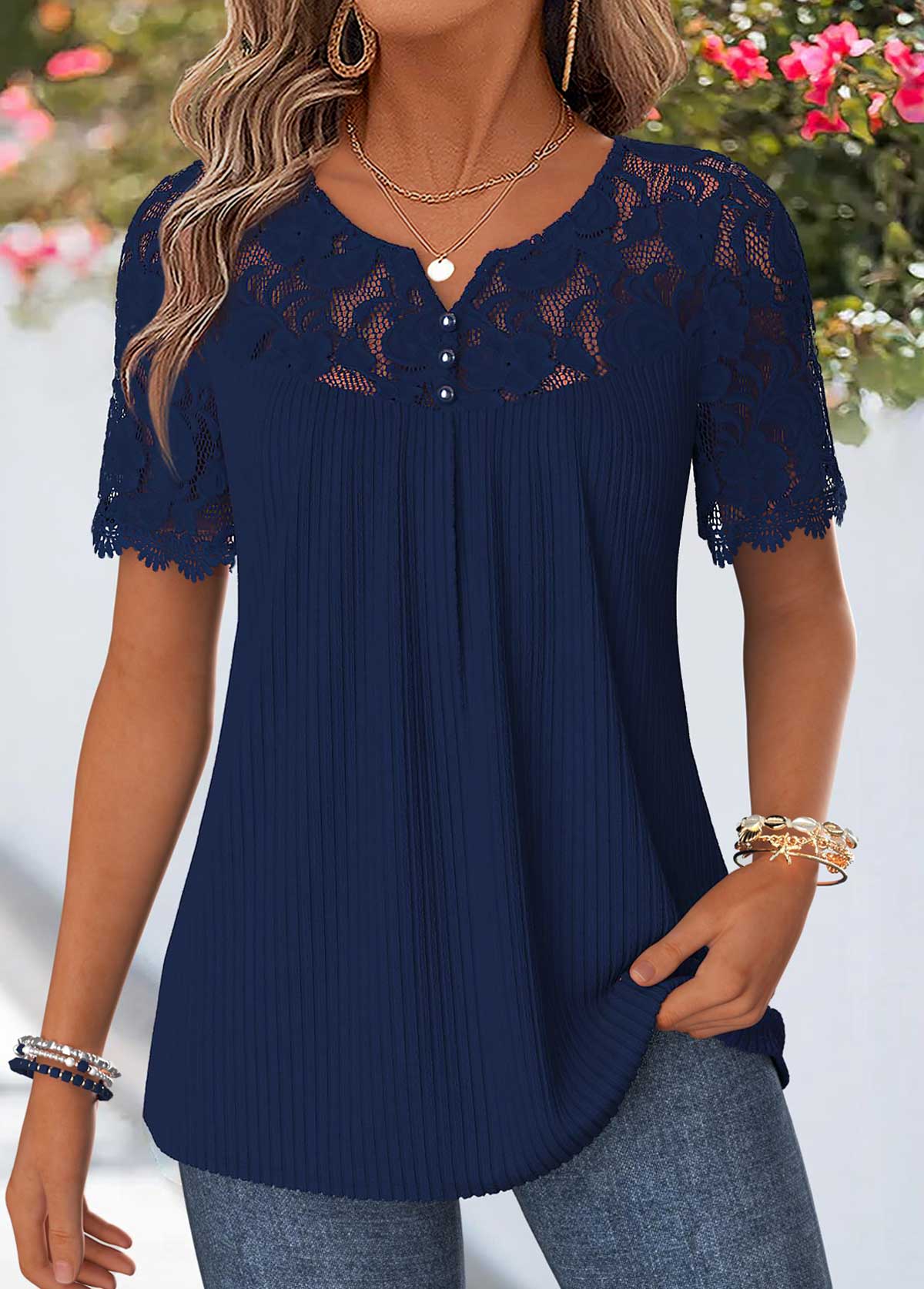 Navy Curved Hem Short Sleeve Split Neck T Shirt | picture 