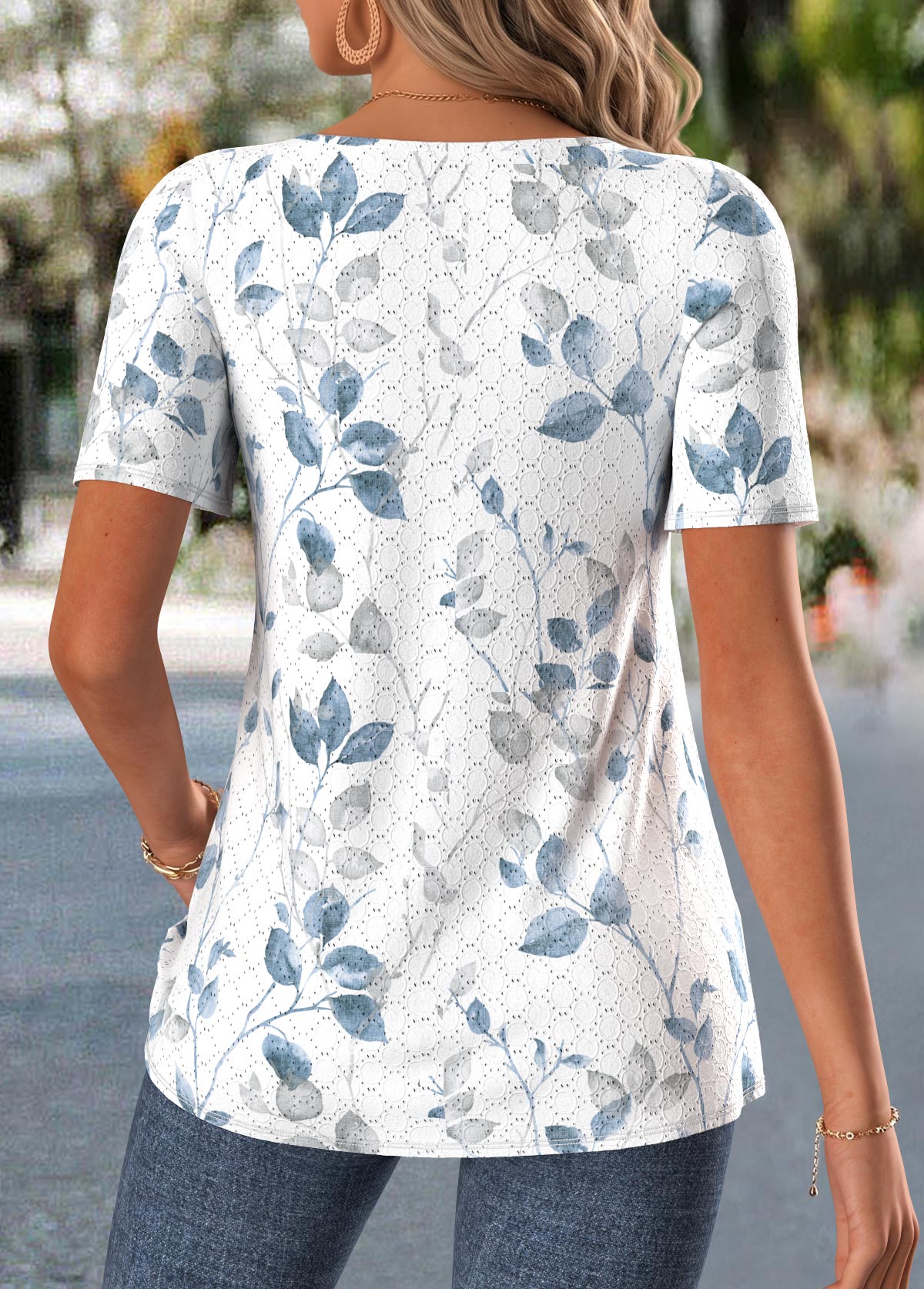 White Leaf Print Curved Hem Short Sleeve T Shirt | picture 